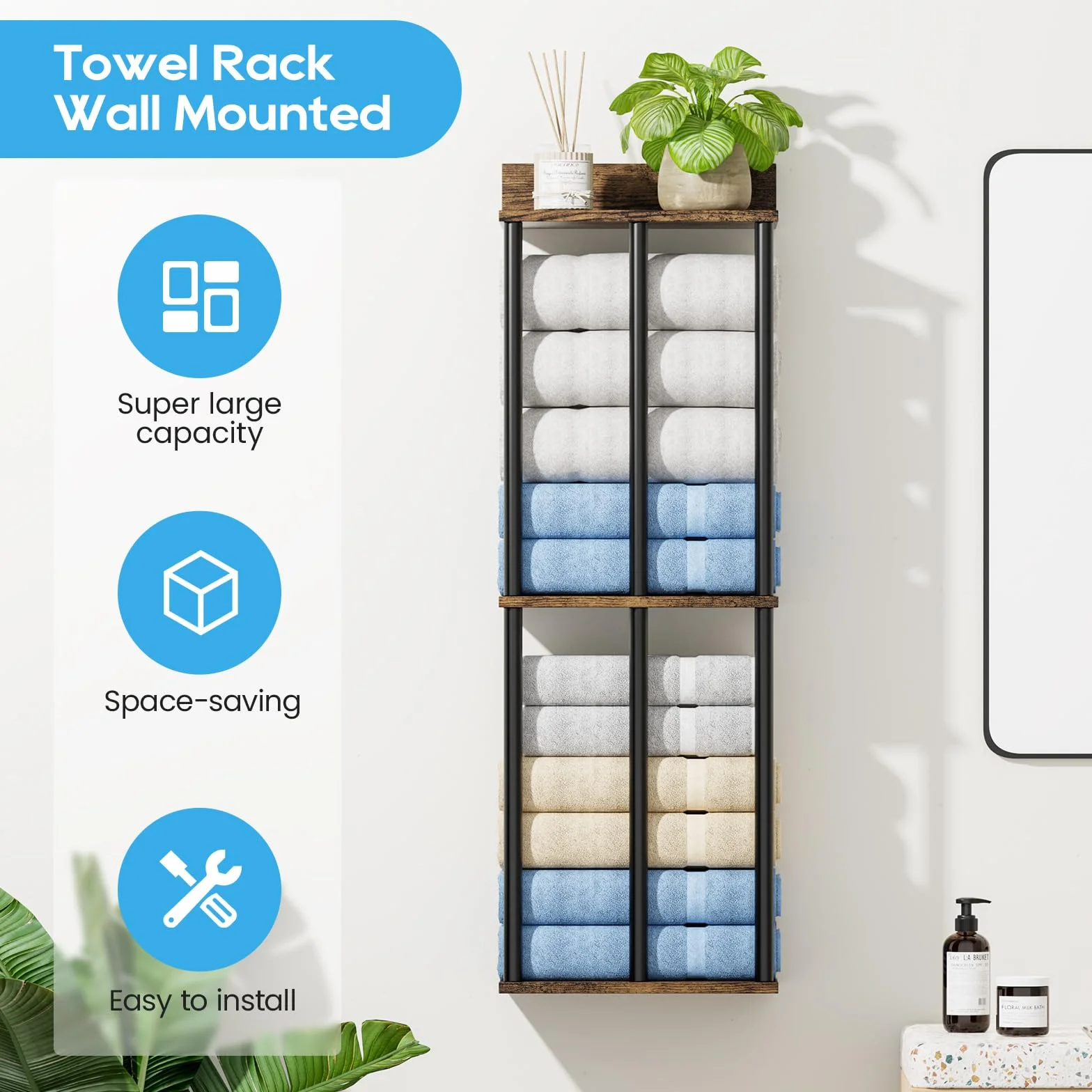 Soporte para Toallas de Pared con Estante de Madera - Organizador de Baño con 3 Barras, Gran Capacidad y Fácil Instalación - Ideal para Toallas Enrolladas - Marrón