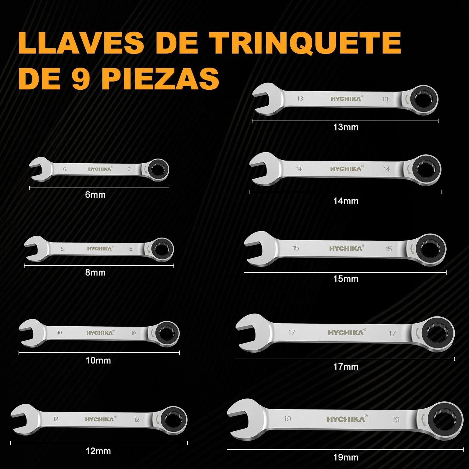 HYCHIKA Llaves Fijas 9Pcs, Llaves Fijas con Carraca 6-19mm con Bolsa de Almacenamiento, Juego de llaves, llaves Combinadas, Engranaje de Trinquete de 72 Dientes
