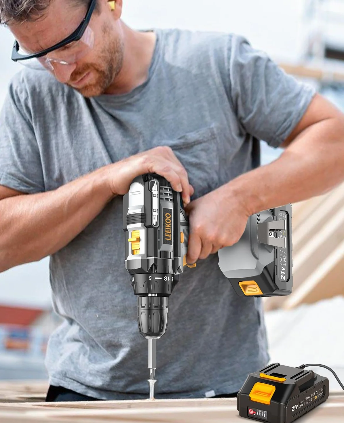 Taladro Atornillador Batería, LEEIKOO Atornillador Electrico 21V, 42N.m con 2 Baterías 2.0Ah, 18+1 Ajuste de Par, 2 Velocidad, LED Luz, 14 Accesorios Para Hogar, Bricolaje, Gris