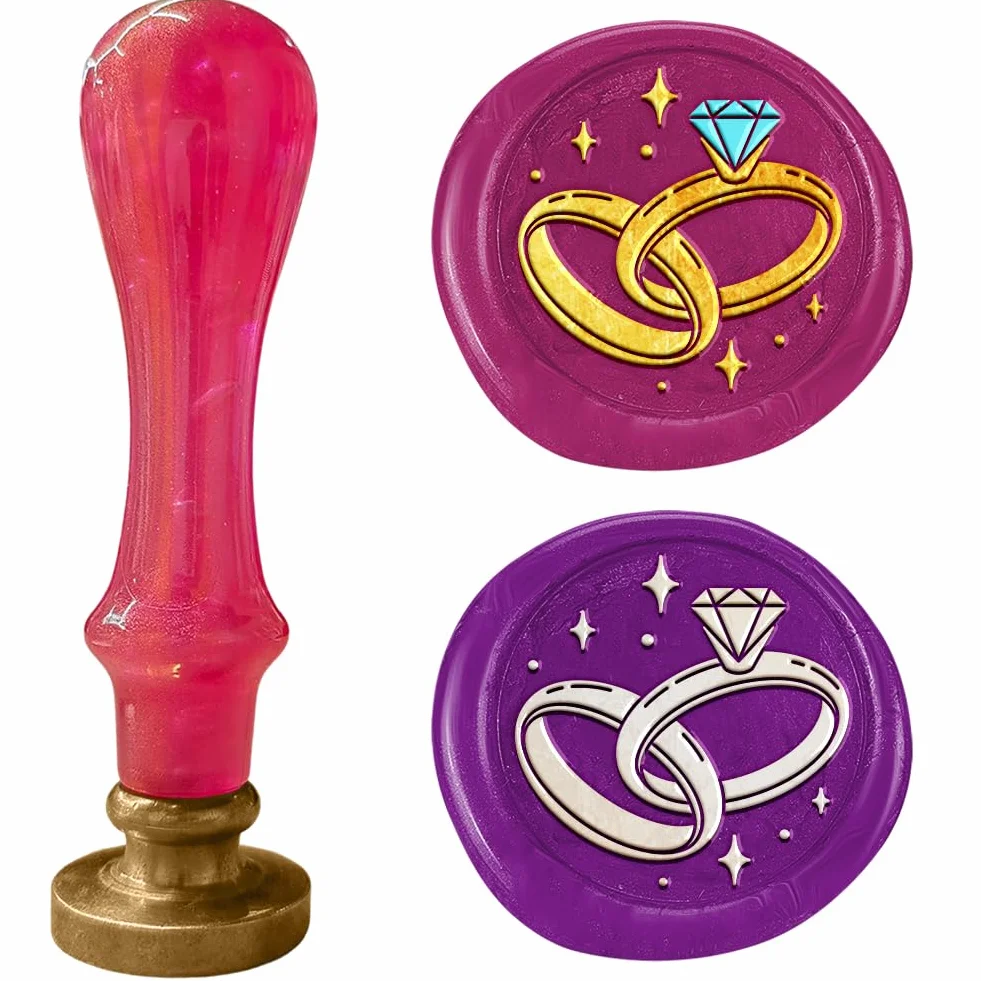 Sello de cera con anillos de boda, extraíble, 1 pulgada, cabeza de sello de cera de latón con mango de plástico ABS para invitaciones de boda, tarjetas de felicitación y sobres