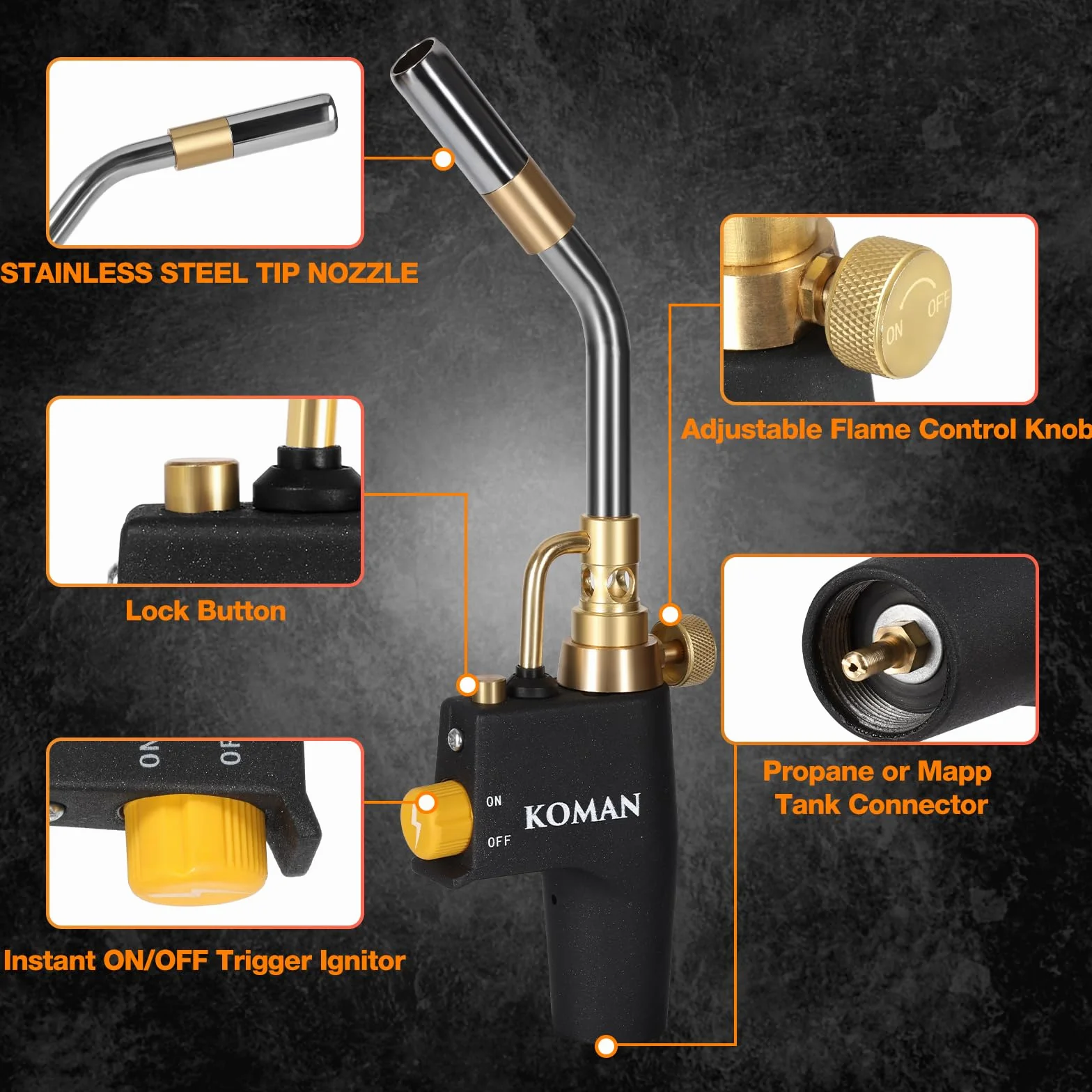KOMAN Cabezal de antorcha de propano, kit de antorcha de propano, antorcha de gas Mapp, linterna de soldadura, cabezal de antorcha de propano con encendedor, cabezal de antorcha de soldadura de MAPP,