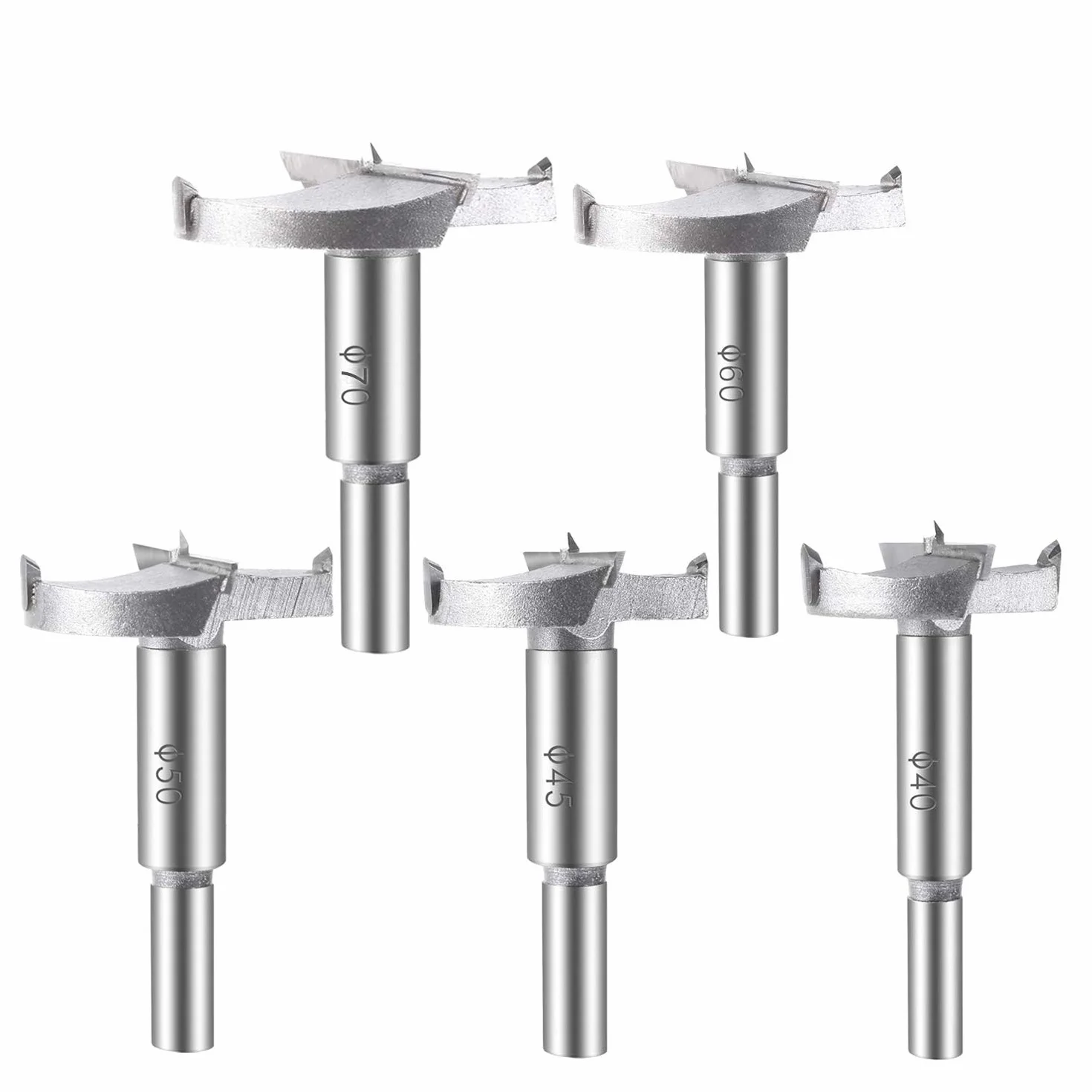 ASNOMY Talla grande Brocas Forstner Set - (40/45/50/60/70 mm) Juego de 5 Brocas Set de Acero al Tungsteno Fresadora Herramienta para taladro, para madera contrachapada, plástico, Madera