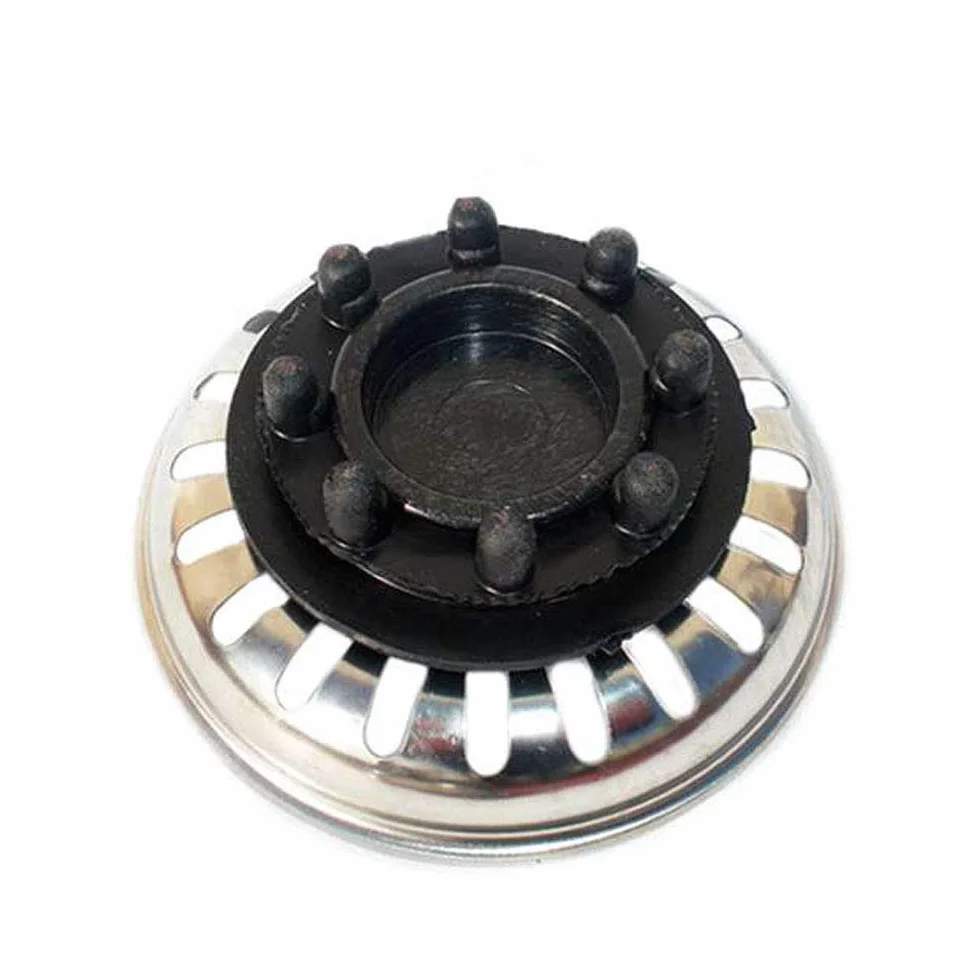 Tapón de fregadero de acero inoxidable. Con cierre de goma/caucho. Diámetro 8 cm. Acabado en cromo brillo y negro