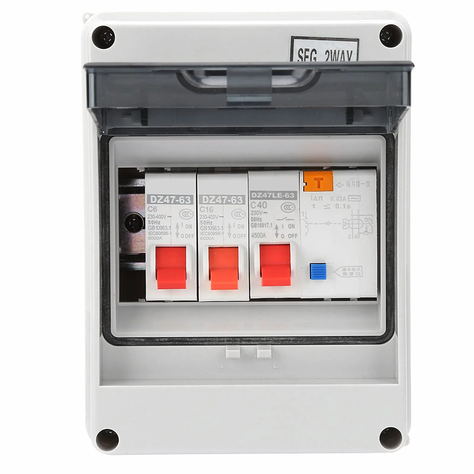 Unidad de Consumo Eléctrica de 2 Vías, 40A con RCD 30mA y 2 MCB 6A/16A, Protección IP65, para Caravanas y Garajes