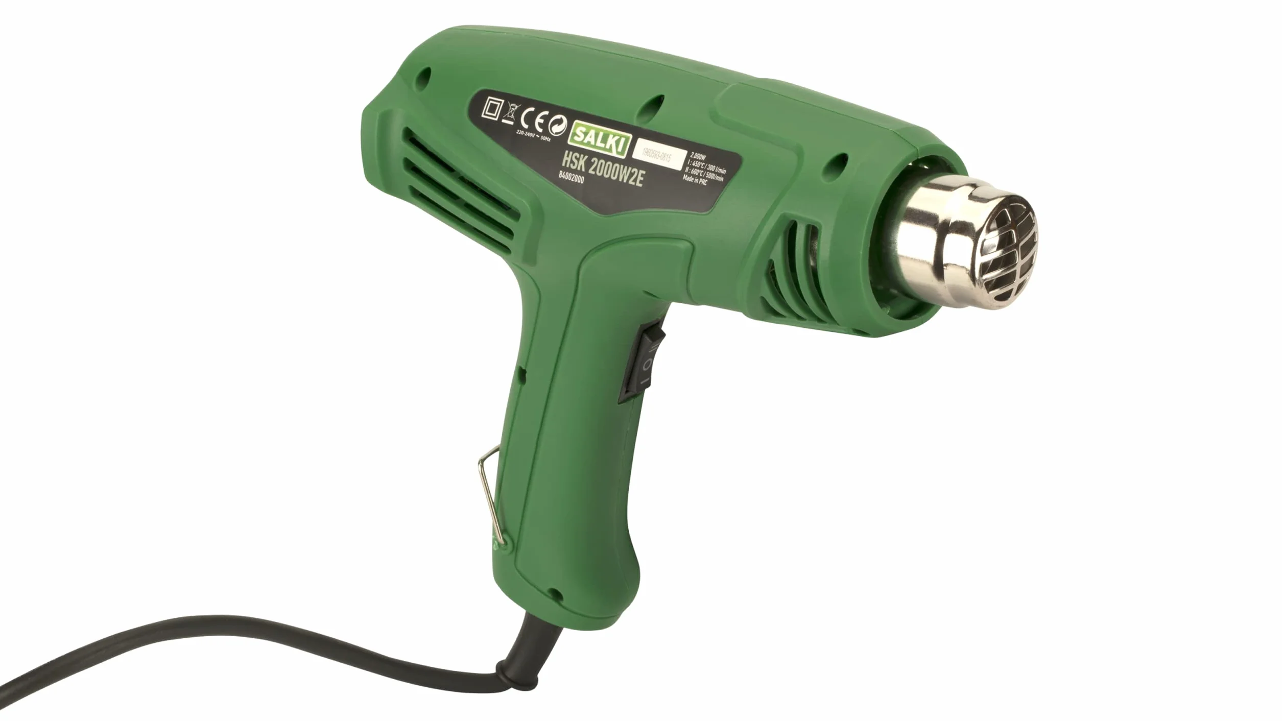 SALKI Pistola de Aire Caliente HSK 2000W 2E - Soplador de aire caliente de 2000W, 2 Niveles de Potencia, Temperatura del Aire 450-600 °C, Cable 2 Metros, Para Decapar, Secar, Quitar Vinilos