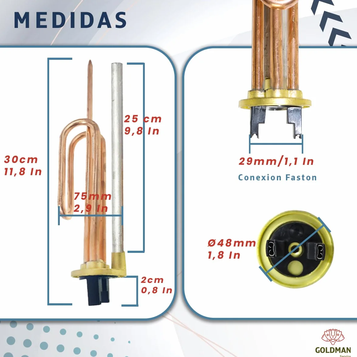 GOLDMAN SERVICE Kit de Recambio Calentador de Agua Eléctrico: Resistencia Curva, Ánodo de Magnesio, Junta de Goma y Tornillo de Fijación. Compatible con Termos Eléctricos de Grandes Marcas (2000 W)