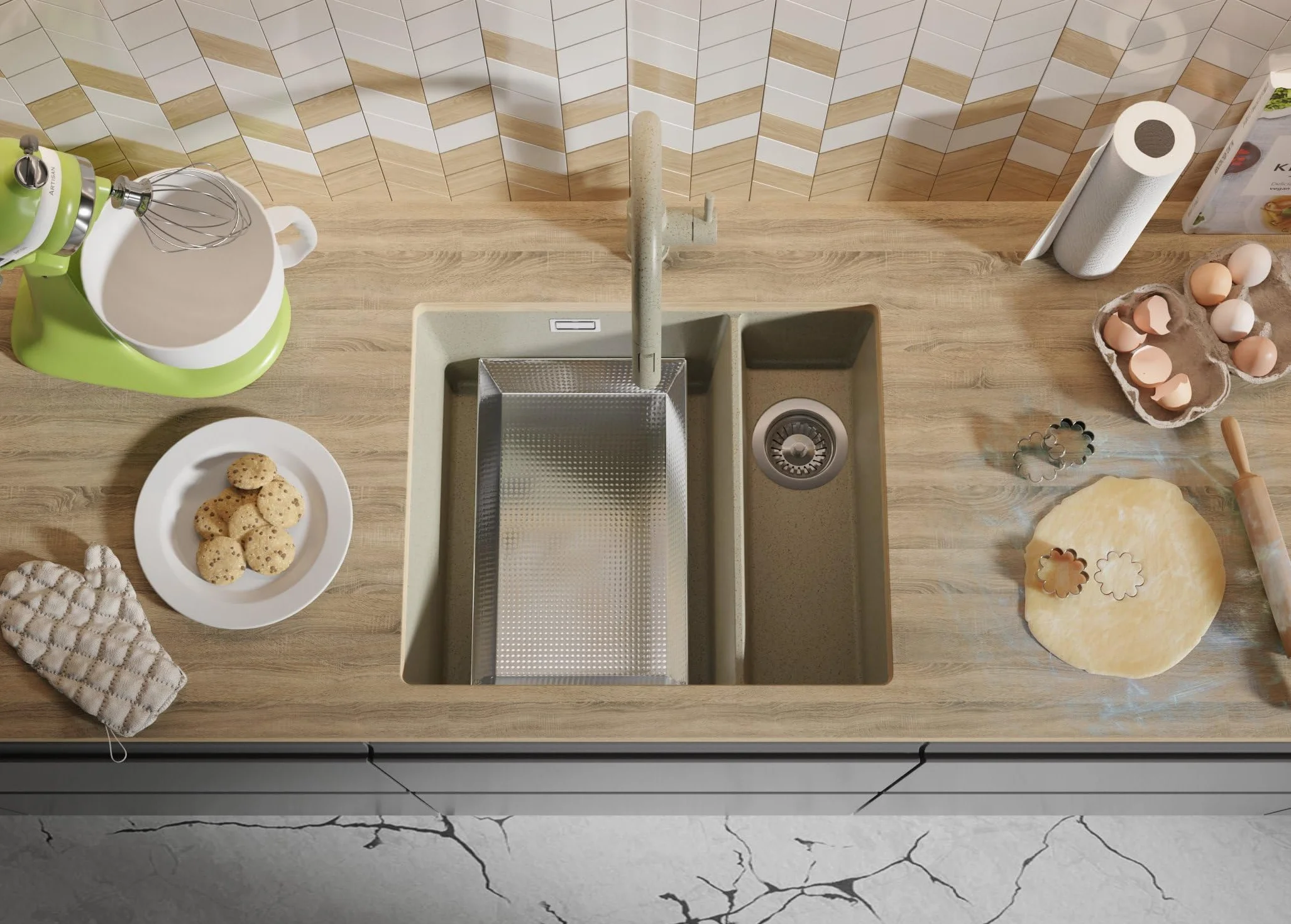 Fregadero bajo Encimera Beige 56x47cm, Fregadero Cocina 1,5 Senos + Sifón, Granito al mueble 60cm - London Duo de Primagran