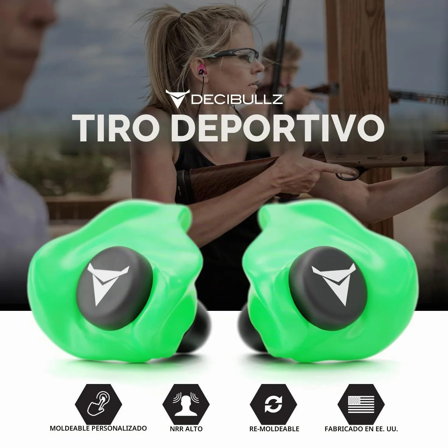 Decibullz Tapones para los oídos moldeados a medida 31 dB protección auditiva para disparos conciertos (verde)