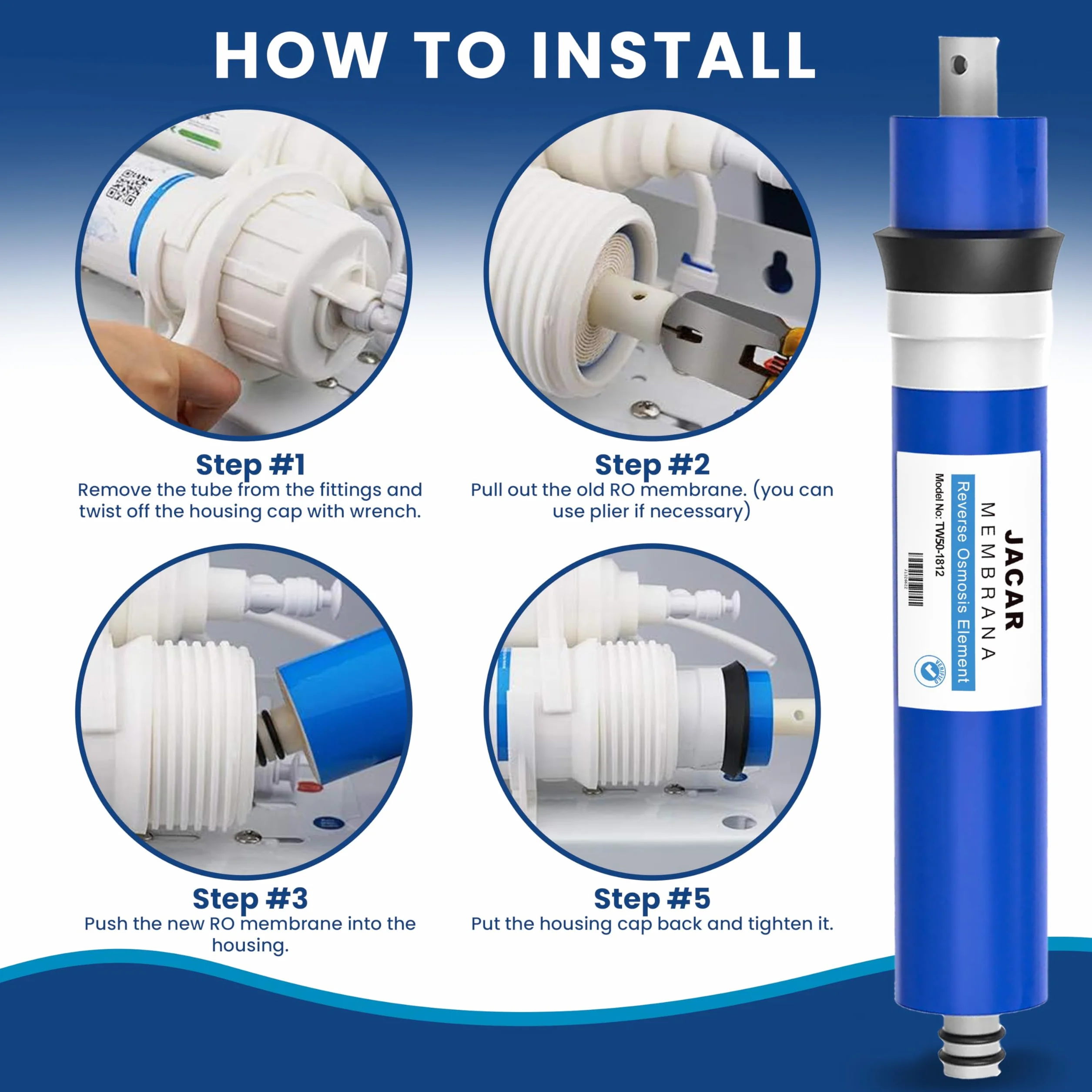 JACAR Membrana Osmosis Inversa de 50 Gpd Compatible con Filtros Osmosis Inversa 5 Etapas. Recambio Universal de Membrana para Equipos de Agua Domestica para Tratamiento del TDS