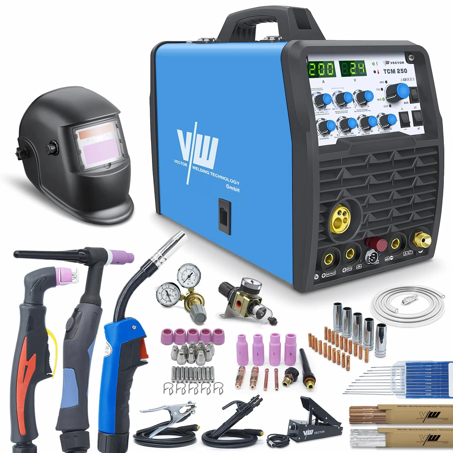 SET de soldadora combinada 4 en 1 TCM250 - MIG/MAG, TIG, MMA y corte por plasma (200A) con accesorios, inversor IGBT - set completo para profesionales y aficionados al bricolaje