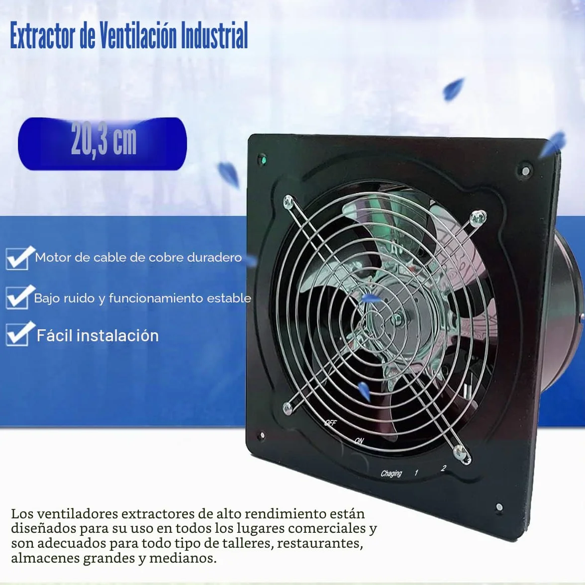 Ventilador axial industrial 200 mm 80 W 1250 m³/h metal extractor techo pared 250x250 mm