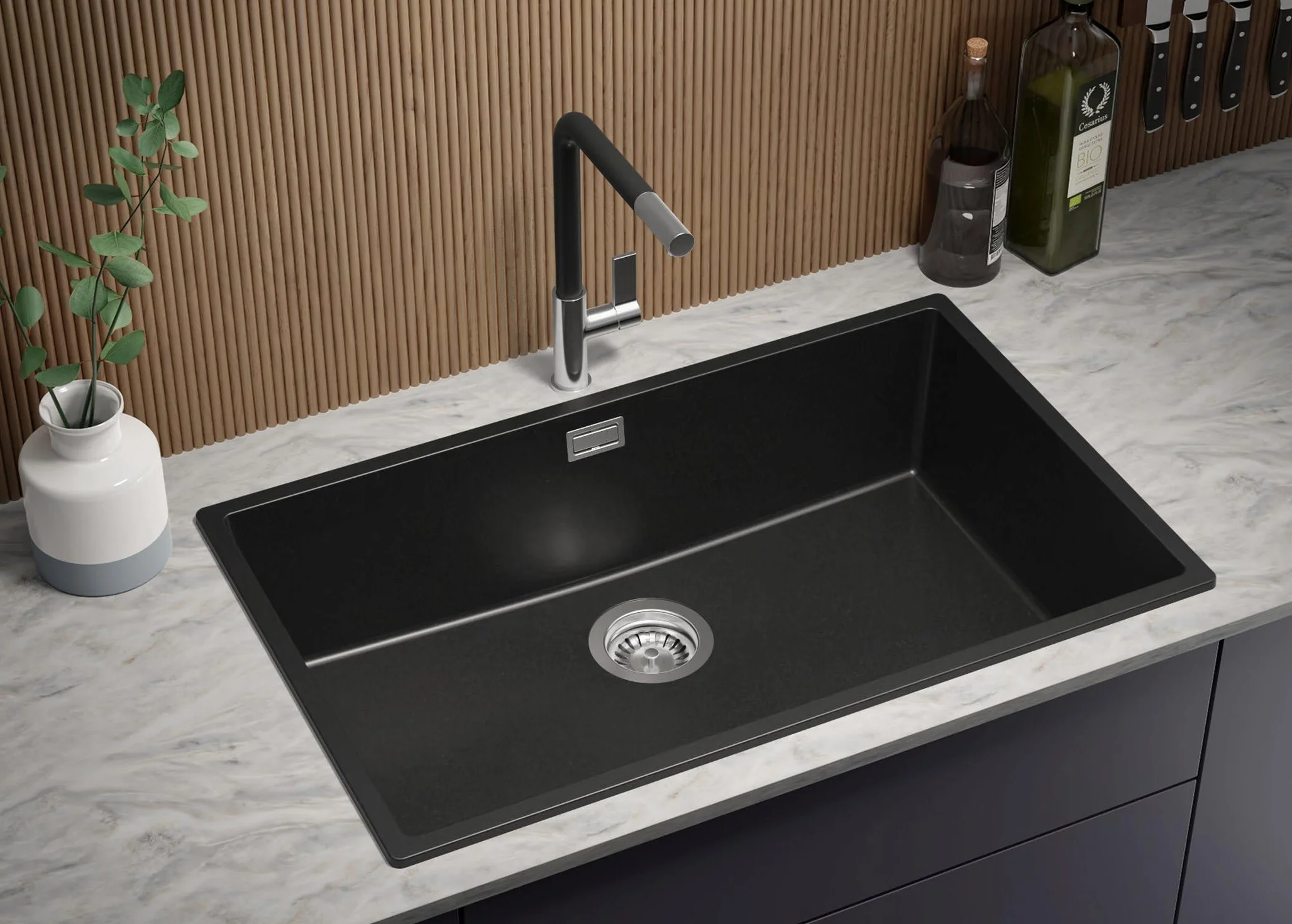 PRIMAGRAN Fregadero Granito Todo Negro 76x47cm, Cocina 1 Seno + Grifo 40x20cm + Sifón + Enrollable Escurridor, Sobre Encimera al Mueble 80cm - London Slim S531