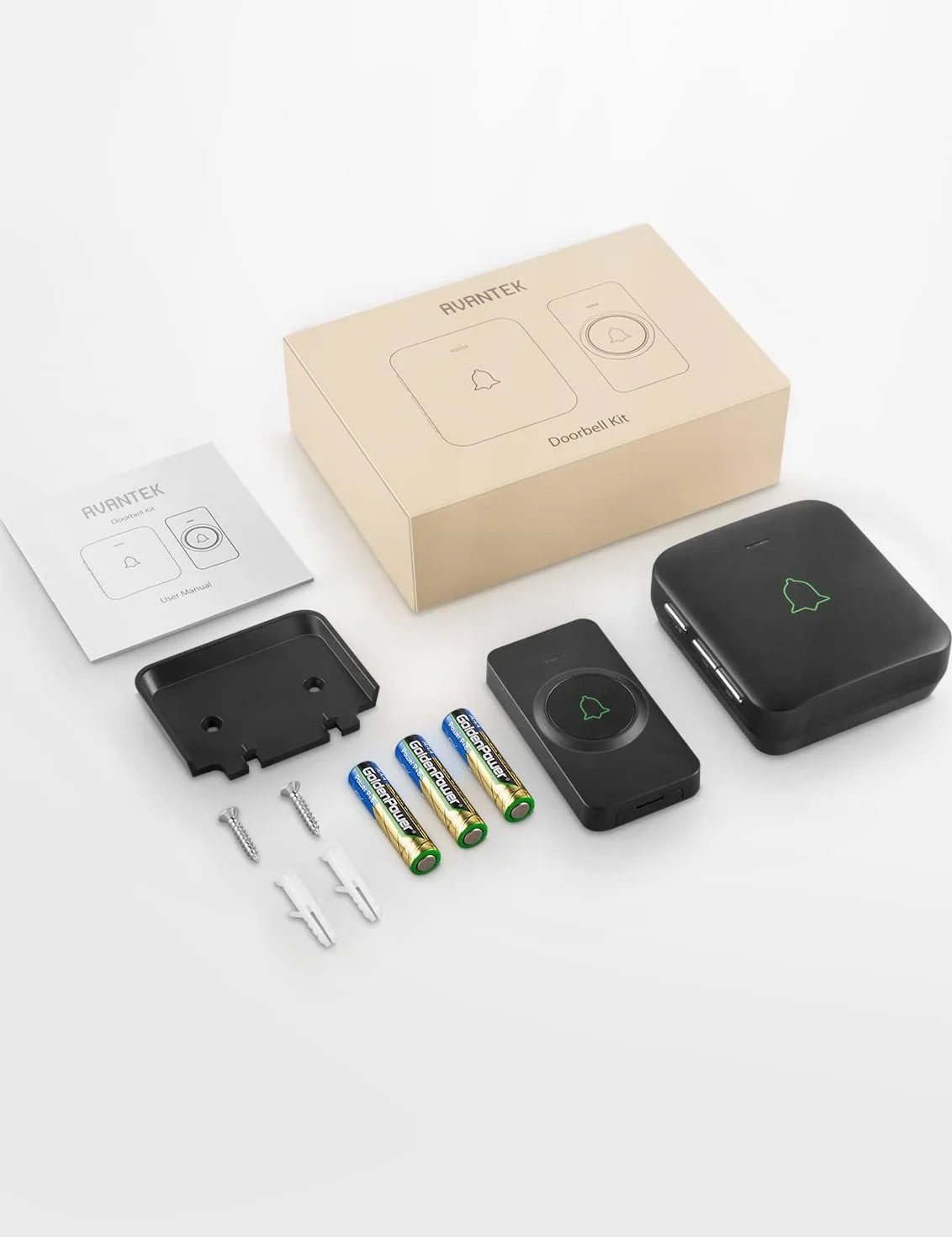 AVANTEK Waterpoof Timbre de puerta inalámbrico, funciona con pilas, funciona a 1000 pies, kit de timbre portátil con 52 melodías, 5 niveles de volumen y sonido de calidad de CD