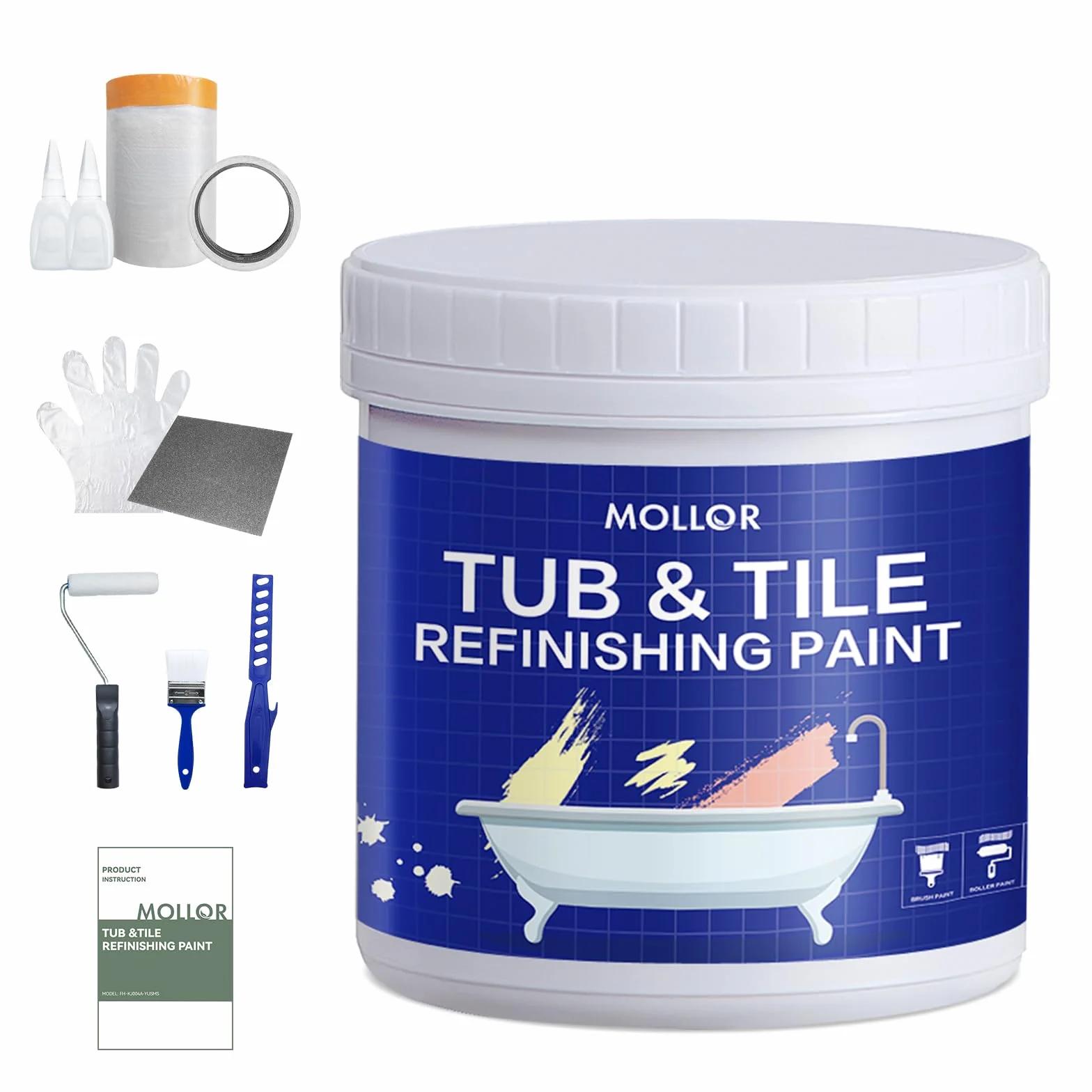Kit de renovación bañeras y azulejos con herramientas, 35oz pintura blanca water-based, bajo olor, DIY, fácil uso, semi-brillante, 4.6-5.5m²