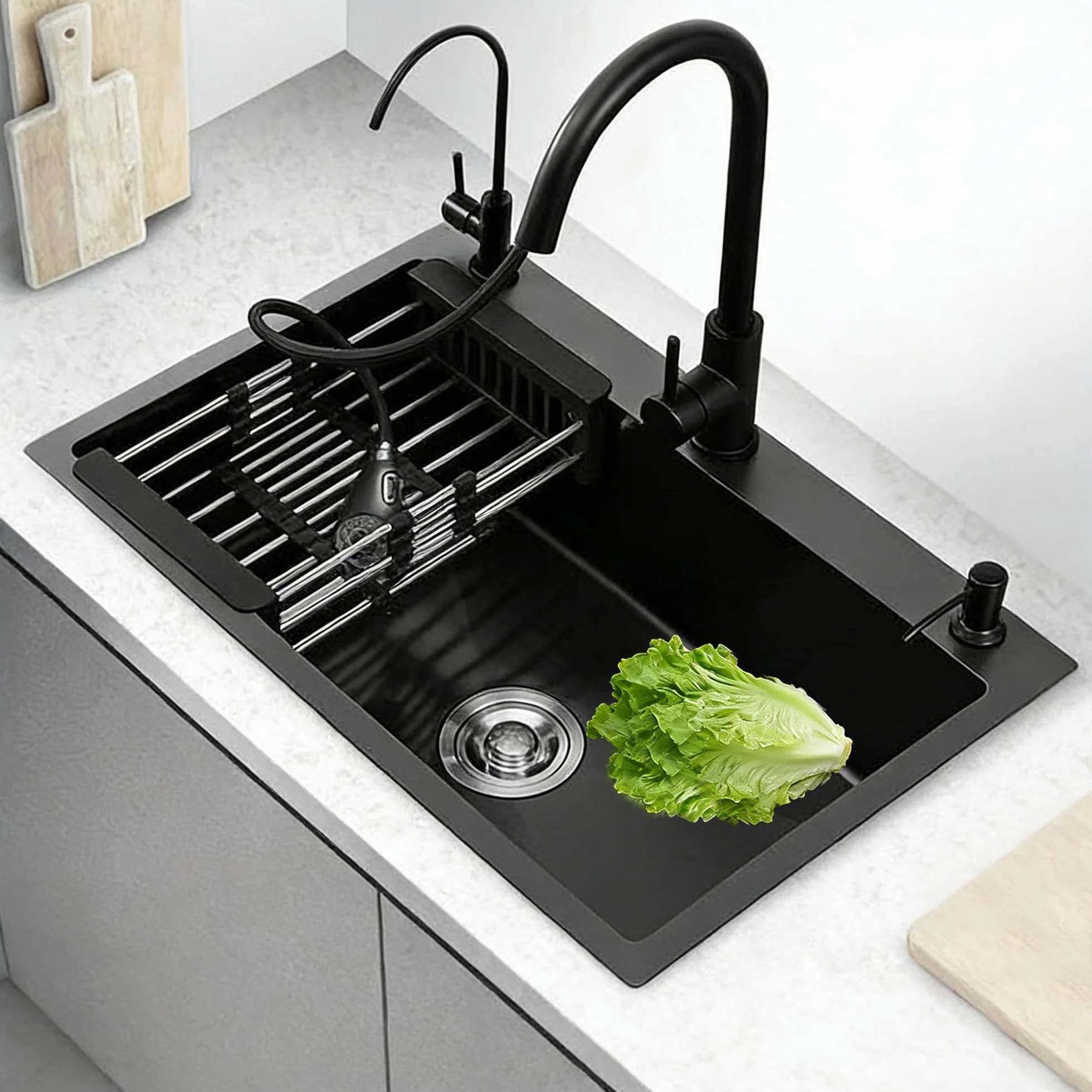 Fregadero de Cocina 1 Seno con Escurridor, Acero Inoxidable Negro, con Dispensador de Jabón para Baño, Viajes en Caravana, 68 * 45 * 20cm