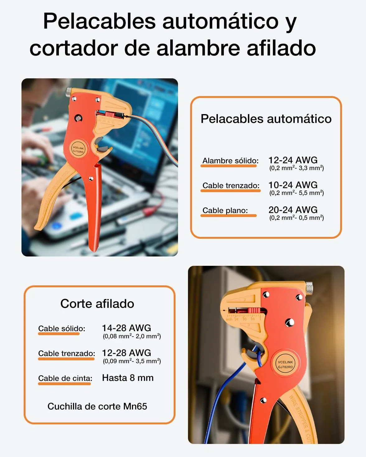 VCELINK Pelacables Automático, 2-en-1 Pelacables Multifuncional de Ajuste Desmontaje del Alambre 0,2-6mm² para Pelar y Cortar Cables