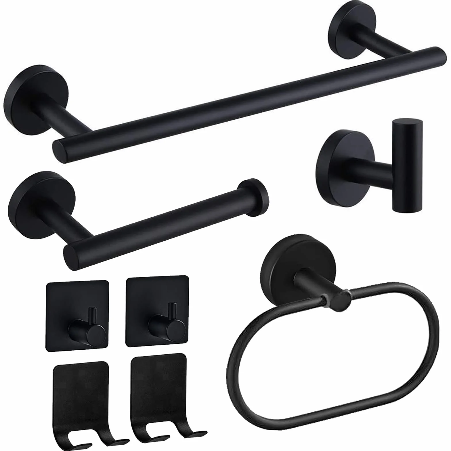 8 Piezas Juego baño Accesorios Acero Inoxidable Toallero,Sujetador Papel de baño,Anillo de Toalla,Gancho para Bata,Ganchos Adhesivos,Soportes Adhesivos para maquinillas de Afeitar (Negro)