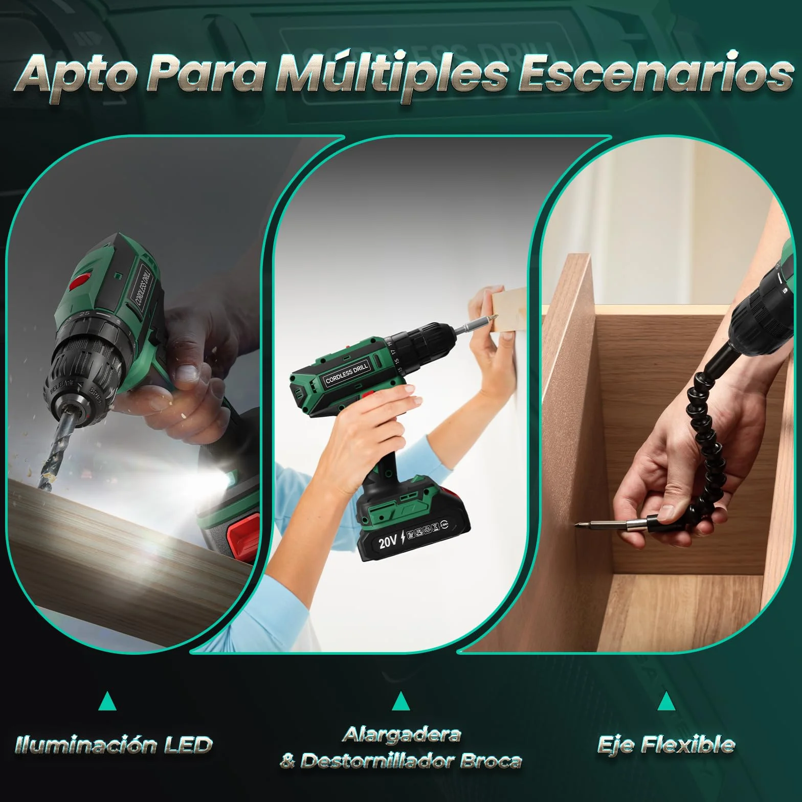Taladro Atornillador Inalámbrico 20V 42Nm 2 Velocidades 25+1 Niveles Par Portabrocas 10mm 2000mAh