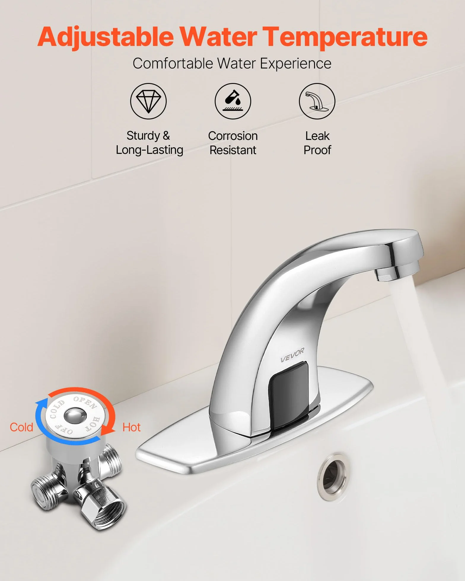 VEVOR Grifo de Lavabo Automático sin Contacto a Baño, con Sensor y Tapa, Alcance 16 cm, Grifo a Pilas para Inodoro y Lavabo, Diseño Delfín, Aleación de Zinc, Cromado Plateado, 160 x 45 x 125 mm