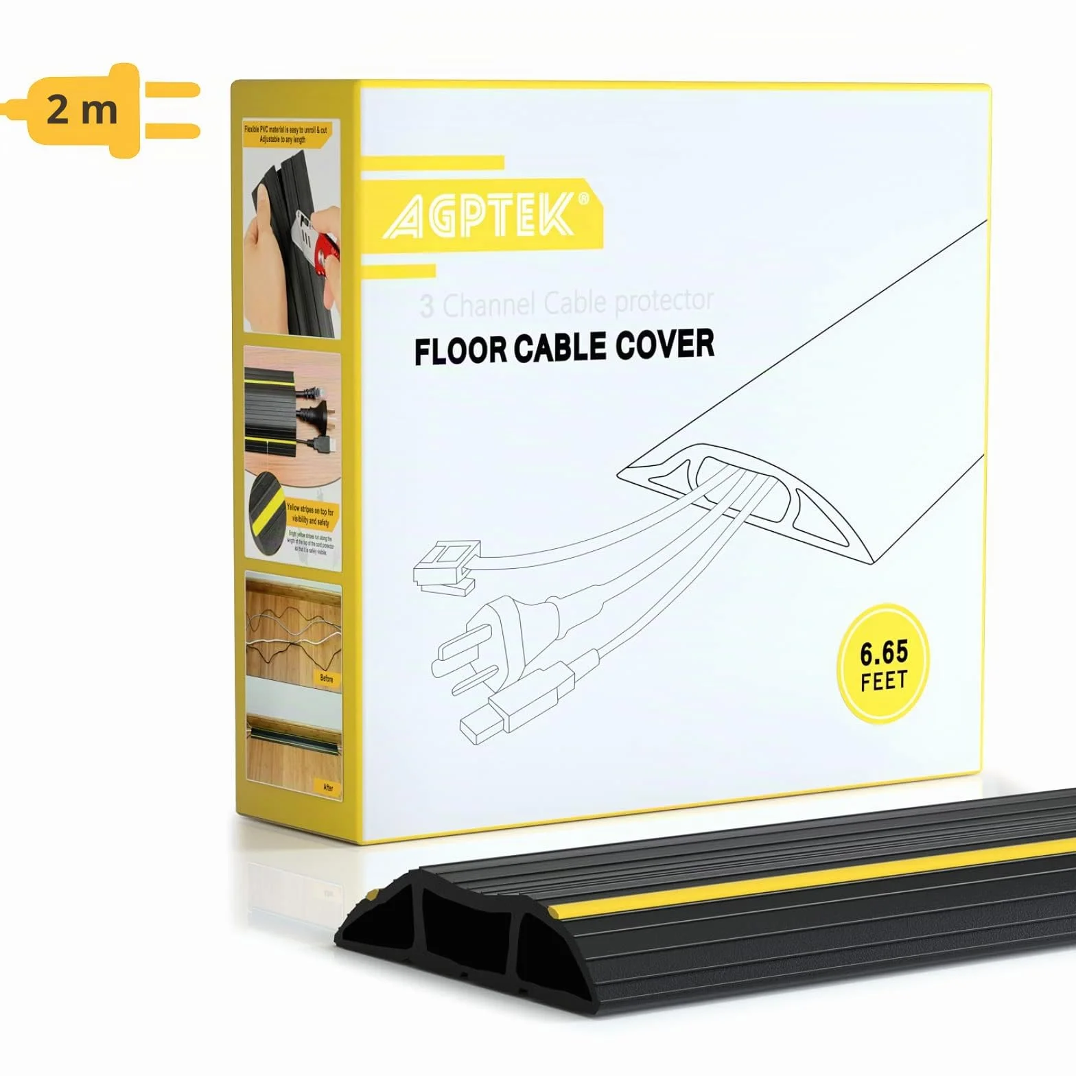 AGPTEK 2.3M Canaleta Pasacables de Suelo, Protector de Cables para Suelo, Ideal para el Hogar, la Oficina, Lugar de Trabajo, Almacén, Conciertos - Color Negro y Amarillo