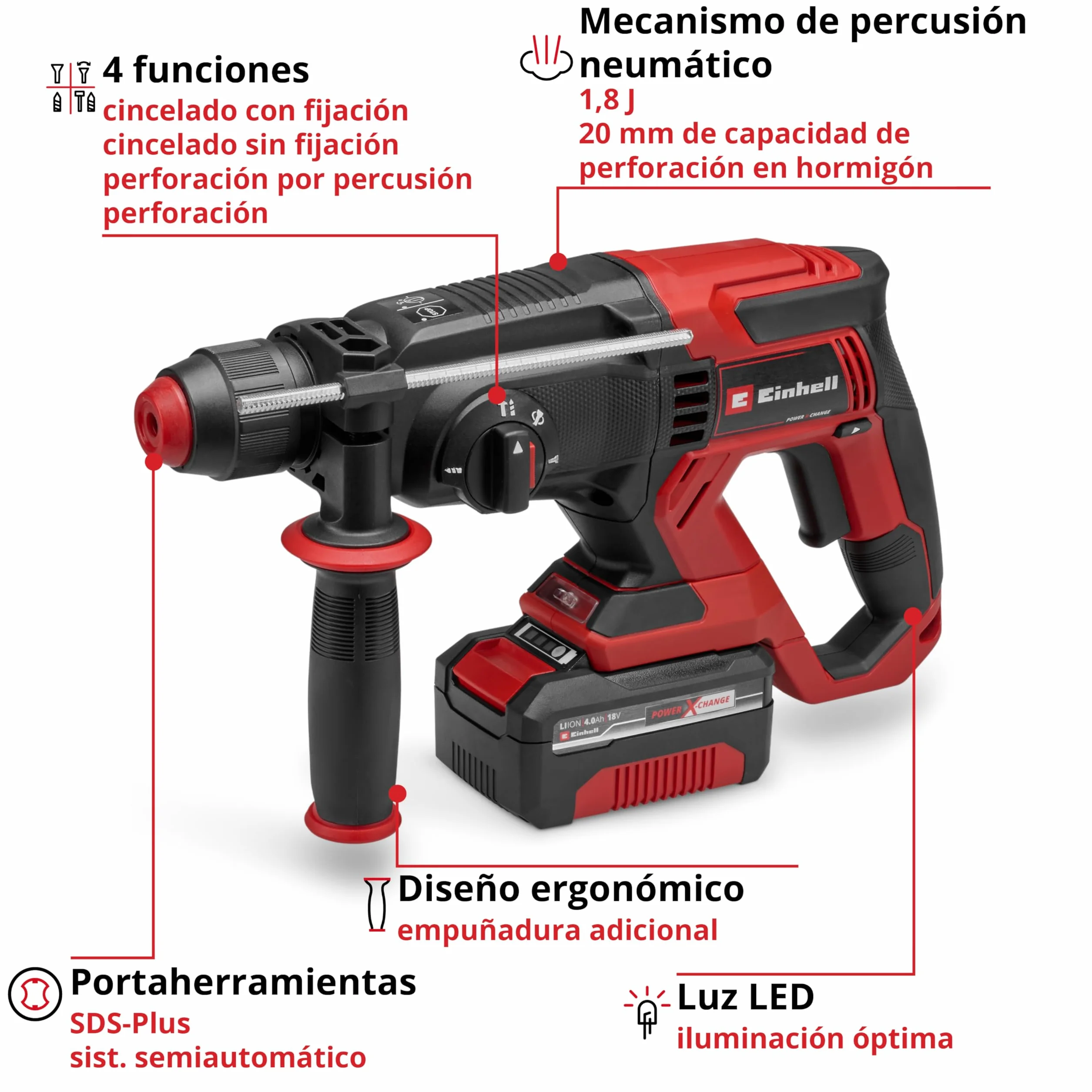 Einhell Martillo perforador con batería TE-HD 18/20 Li (1x4,0 Ah) Power X-Change (18 V, 1,8 J, SDS-plus, potencia de perforación de 20 mm en hormigón, 4 funciones, incl. batería 4,0 Ah + cargador)