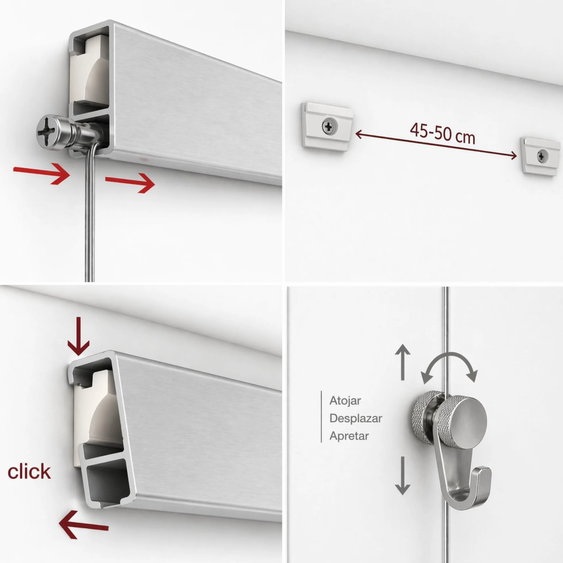 Pack Basic RM de 150cm Guías de Aluminio para Colgar Cuadros (Plata Mate) con 4 colgadores Nylon