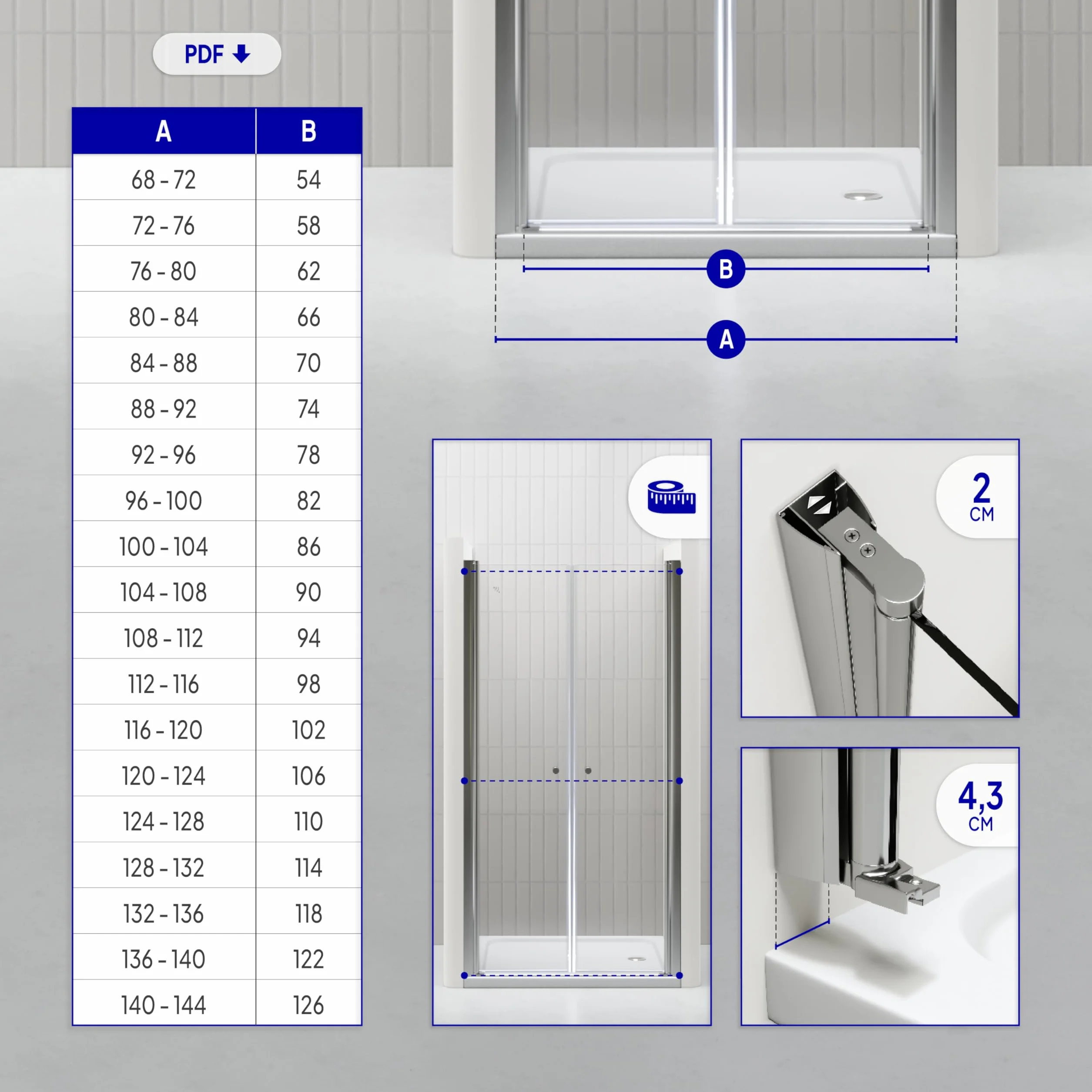 Mampara de ducha Lima, regulable de 116-120 cm, altura 185 cm, puerta doble abatible, cristal de seguridad templado transparente ESG 6MM, perfiles cromados #DTC