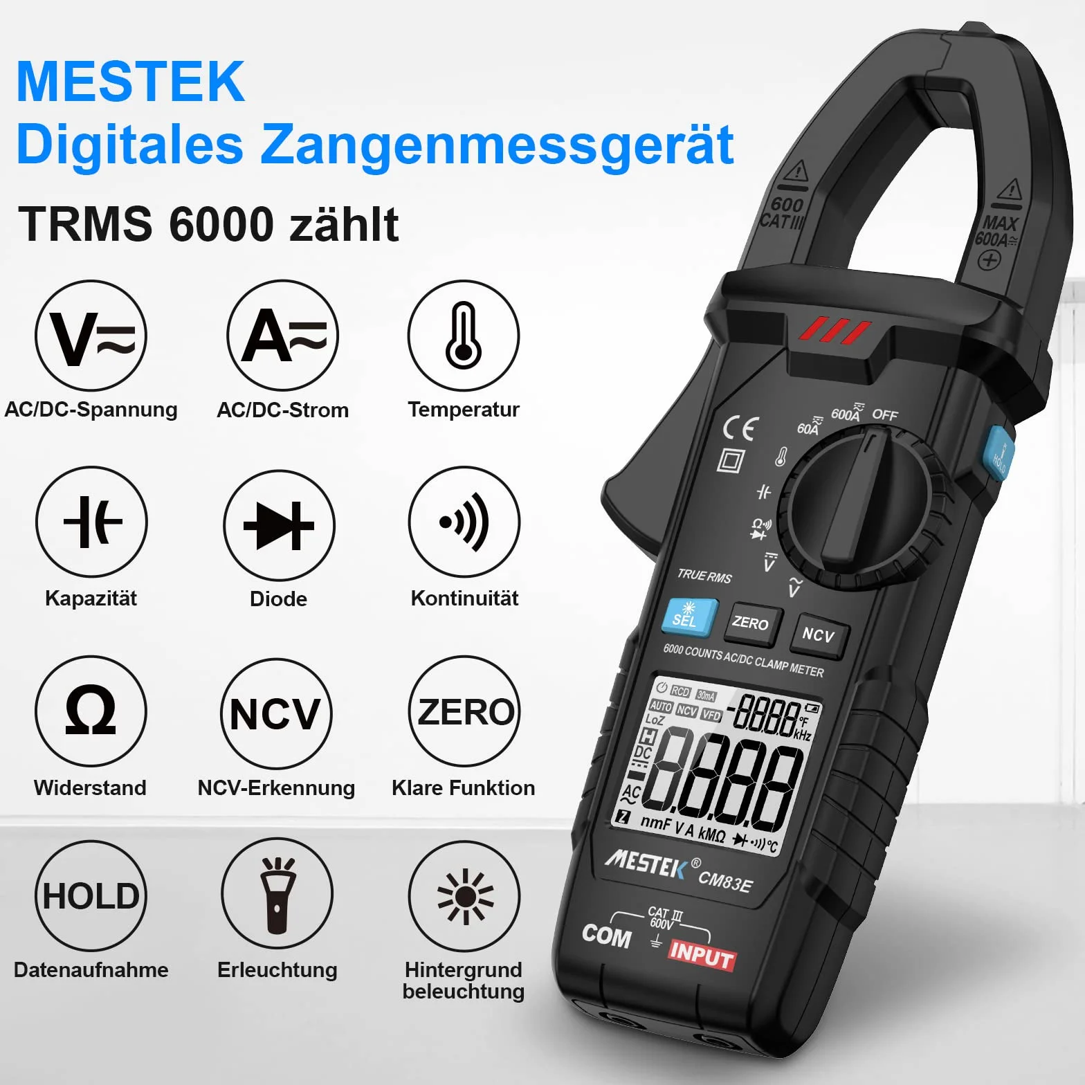 Pinza Amperimetrica Multimetro MESTEK Polimetro Digital Profesional Clamp Meter AC DC Corriente Voltaje CA/CC T-RMS Amperímetro Autorango Resistencia/Frecuencia/Temperatura Bateria NCV VFC 6000Cuentas
