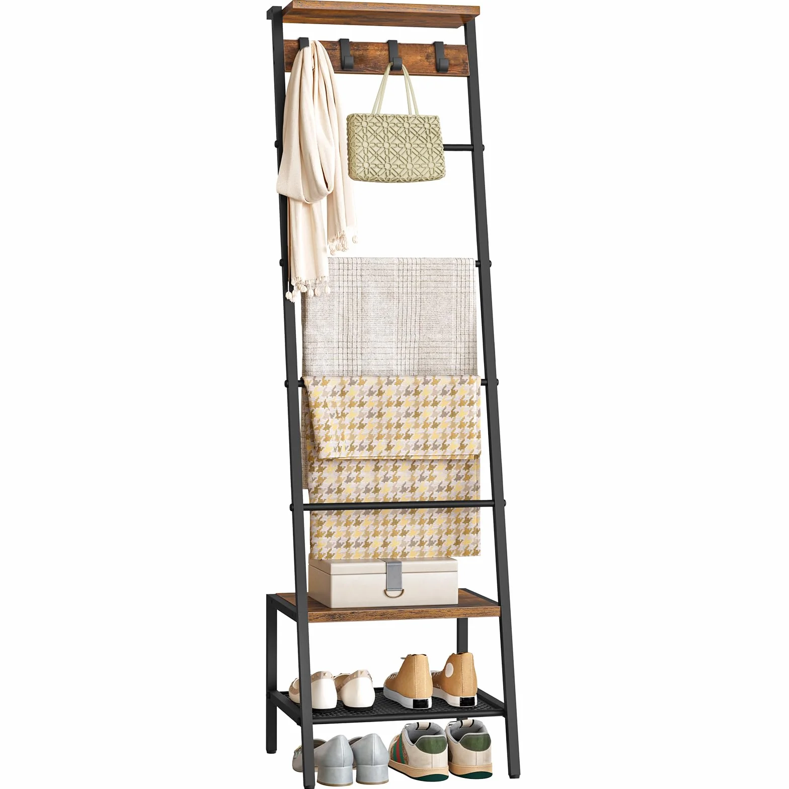 HOOBRO Toallero Escalera, Estantería para Mantas de * Niveles, para Salón y Dormitorio, con Ganchos, Marco de Metal, Forma de Jirafa, Estilo Industrial, Marrón Rústico y Negro EBF13CJ01