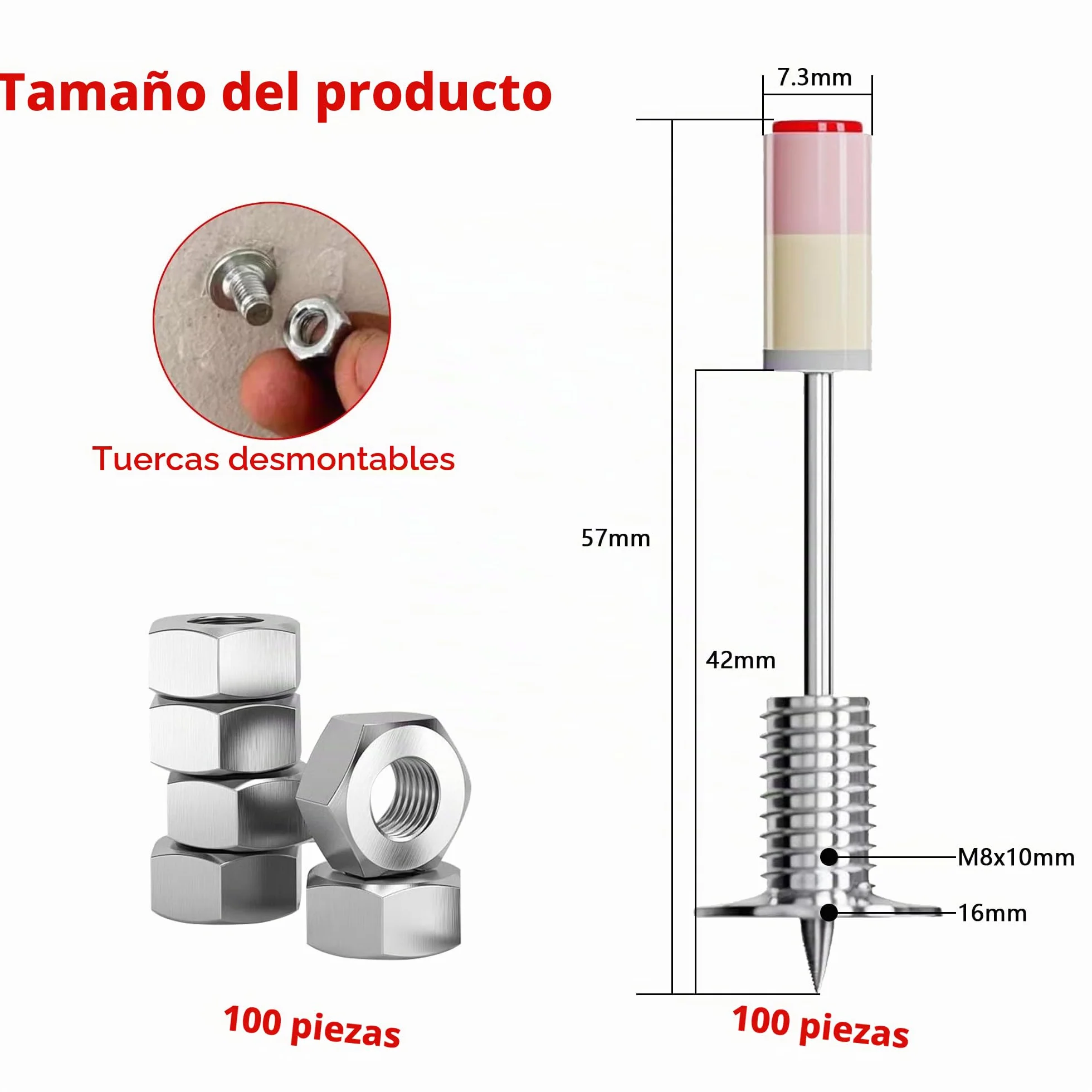 Clavos para pistola de clavos con tuercas: 100 clavos redondos de 7,3 mm para mini pistola de clavos de aire comprimido para techos, paredes, paredes de acero (plata, 100 unidades)