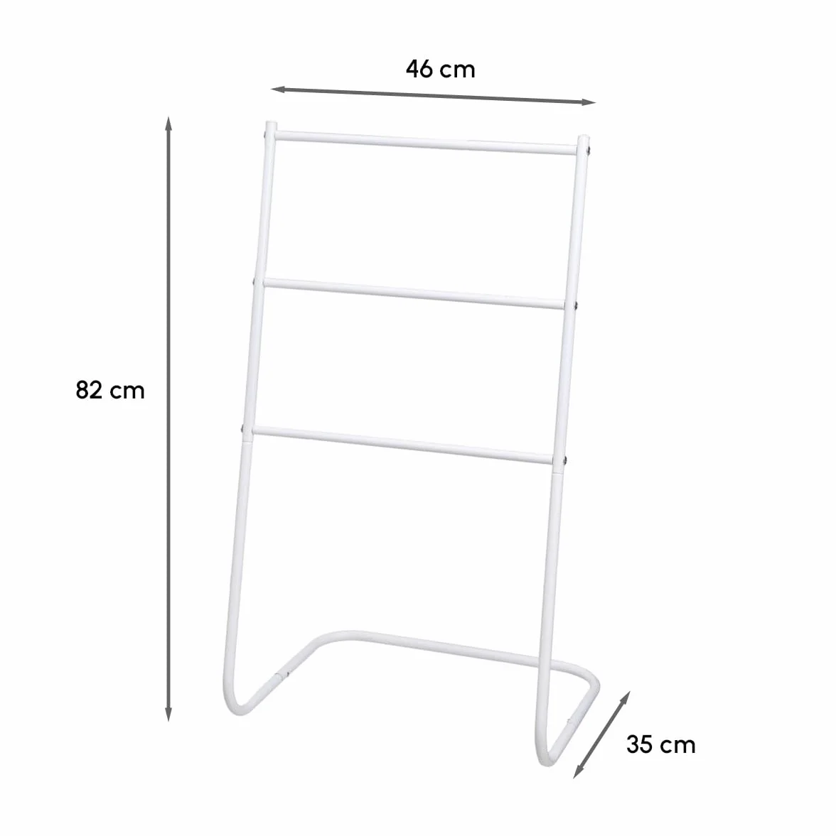 Toallero de pie con 3 Brazos de Metal Pintado al Polvo en Color Blanco. Distancia Entre Barras: 19 cm. Medida Base: 46x35 cm. Altura 82 cm. Soporta 10 kg. Requiere Montaje