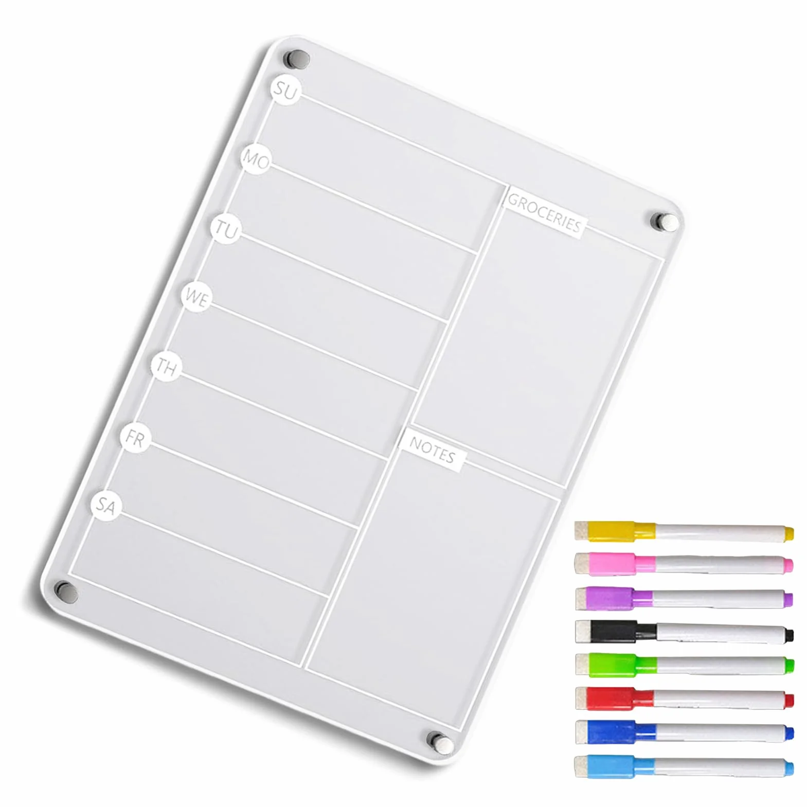 Acrylic Meal Planner Magnetic Board with 8 Markers, Reusable Weekly Noteboard for Refrigerator Grocery List Kitchen Organization