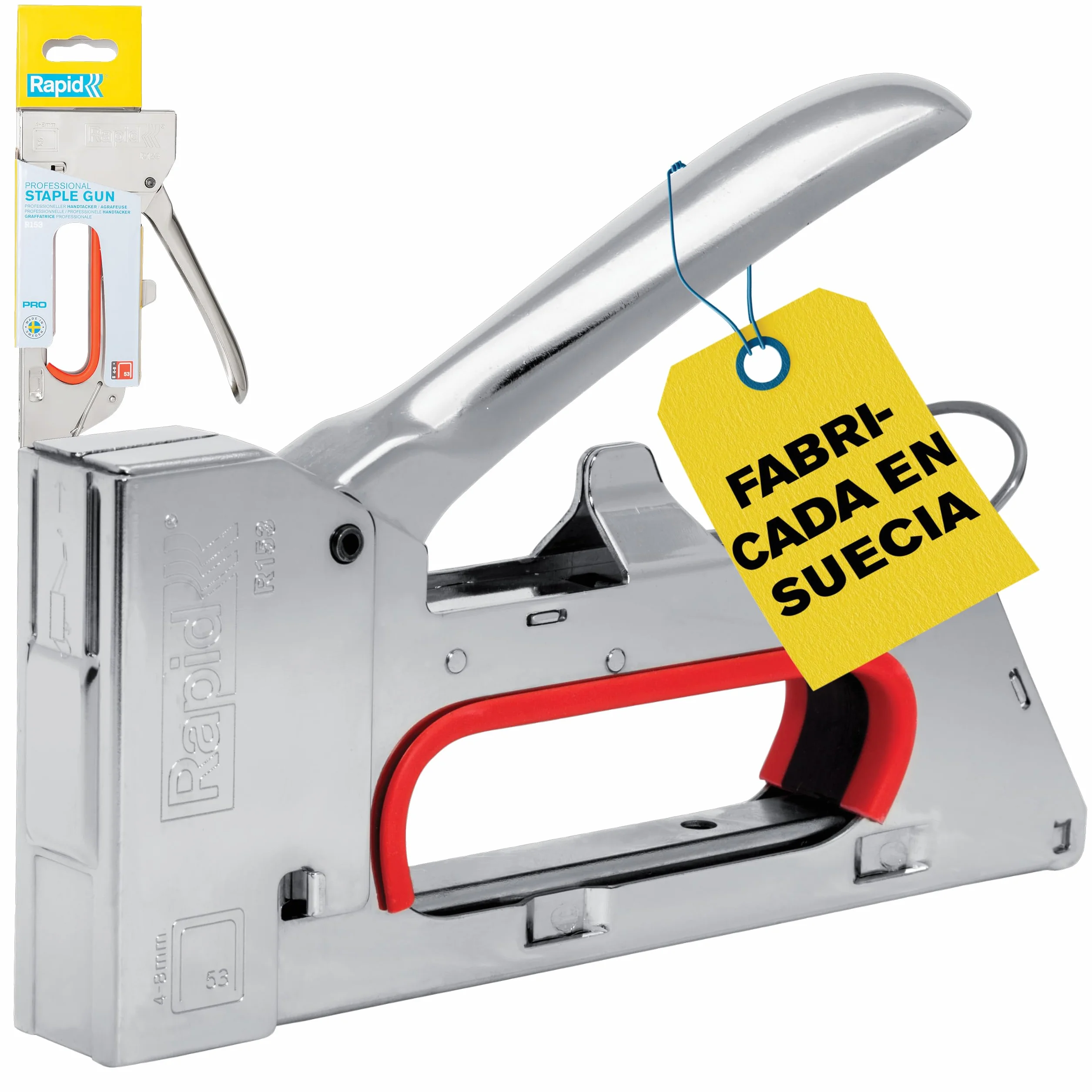 Rapid Grapadora Profesional Manual R153 PRO para Grapas No. 53, Grapadora para Tapicería con Empuñadura Ergonómica, 100% Acero, Sencillo Sistema de Carga, Fabricada en Suecia (5001665)
