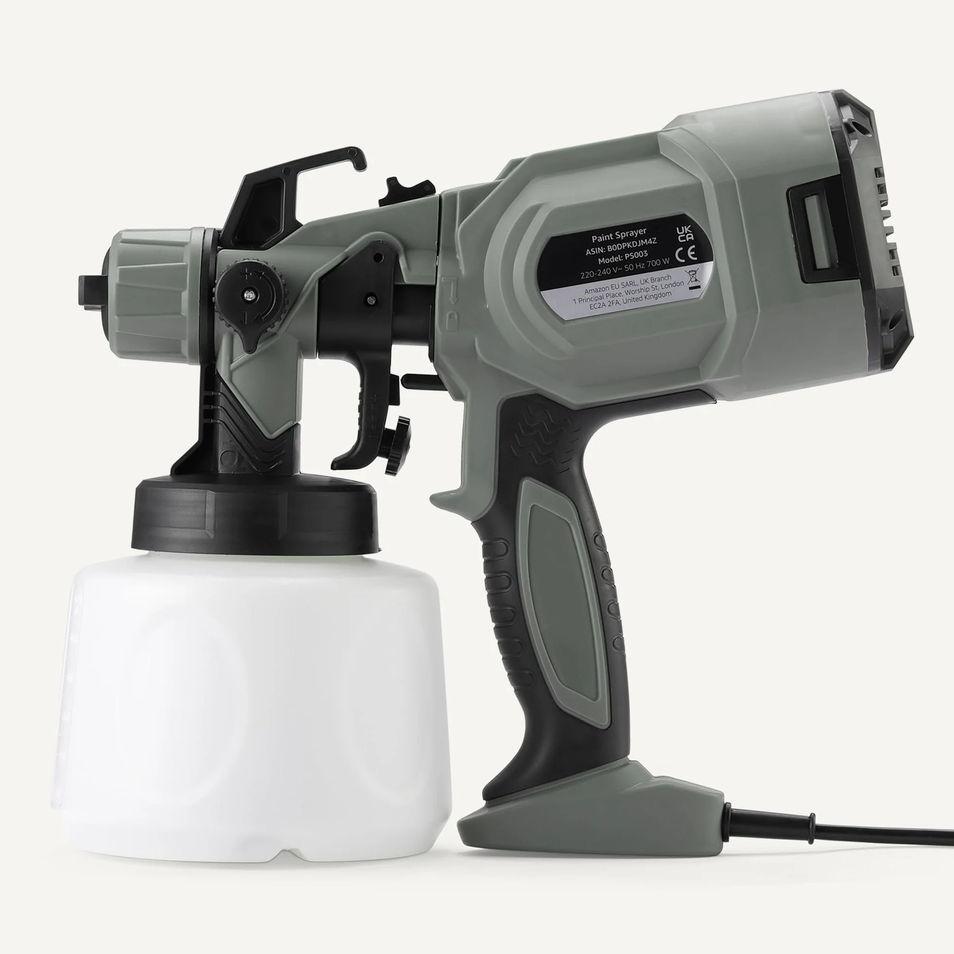 Amazon Basics Pistola Pulverizadora Eléctrica 700W con Depósito de 1.200ml, 4 Boquillas y 3 Modos de Pulverización, para Interior y Exterior, Gris