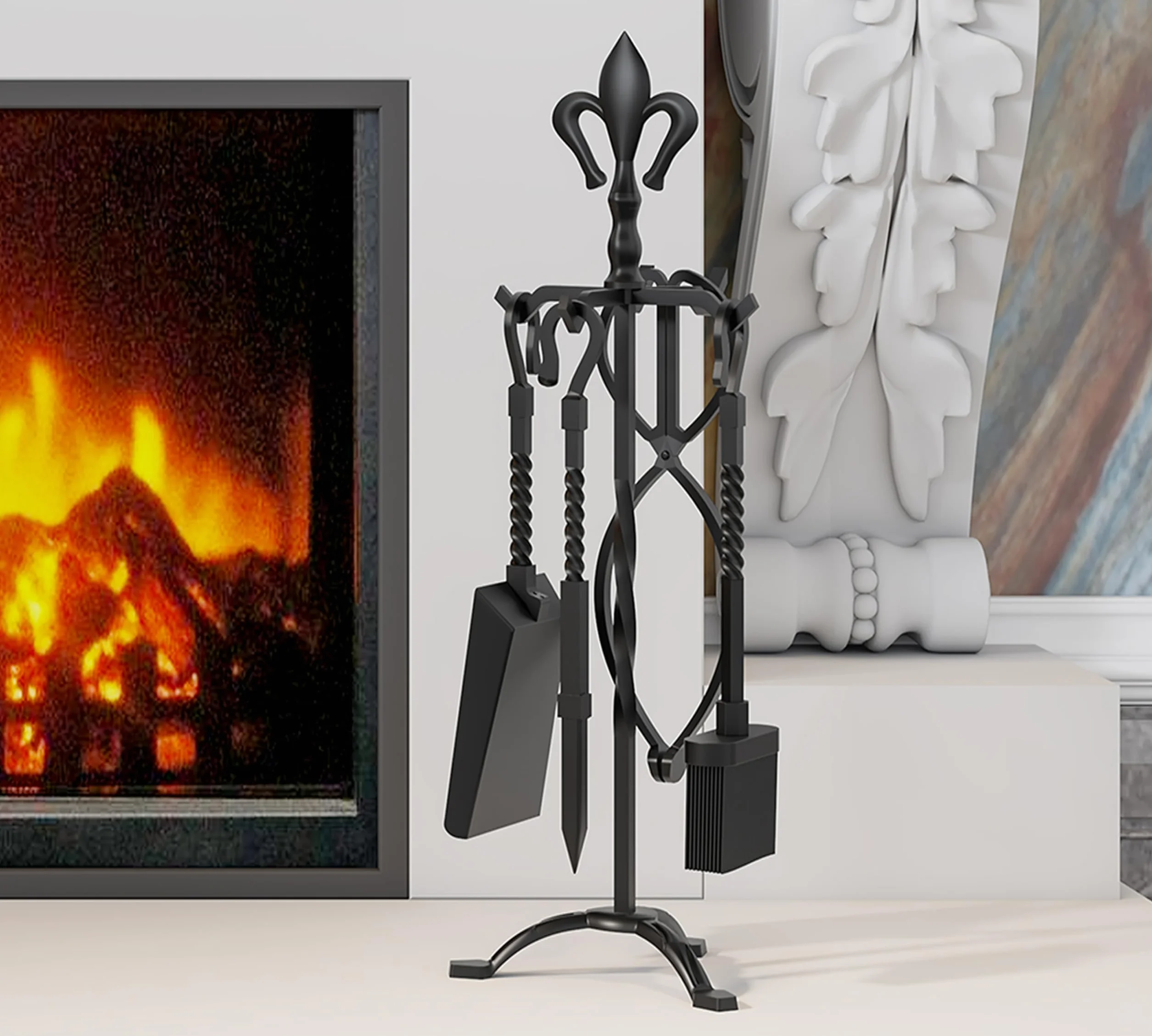 Kingson - Set de 5 piezas de accesorios para chimenea de hierro fundido – Acabado negro – Incluye atizador, pinzas, cepillo, pala y soporte – Juego de herramientas para chimeneas abiertas