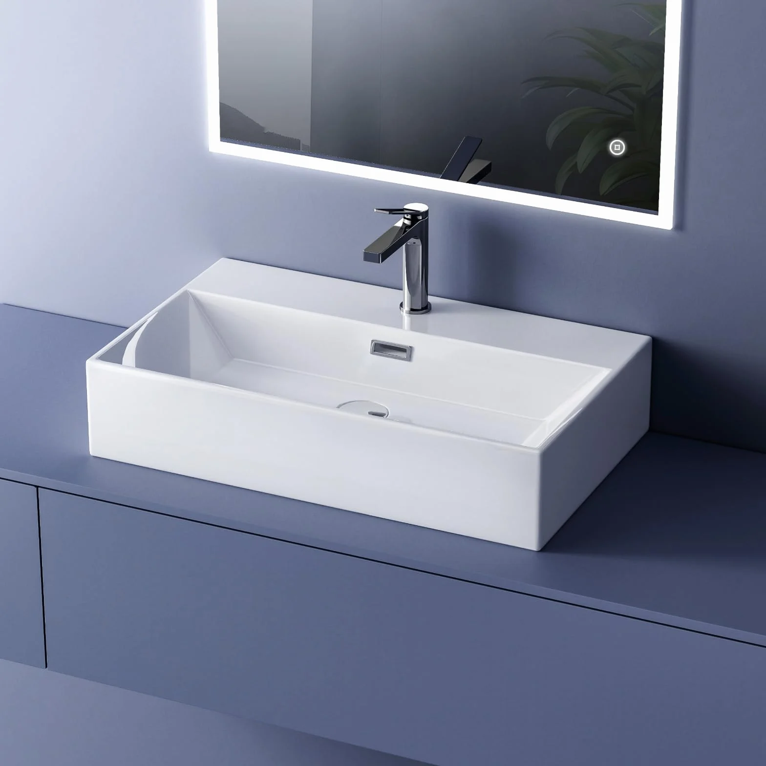 EMKE Lavabo de diseño moderno, lavabo colgante de cerámica de alta calidad con borde fino, lavabo para cuarto de baño y WC invitados, 415 x 360 x 130 mm, blanco, lavabo cuadrado, lavabo en plano
