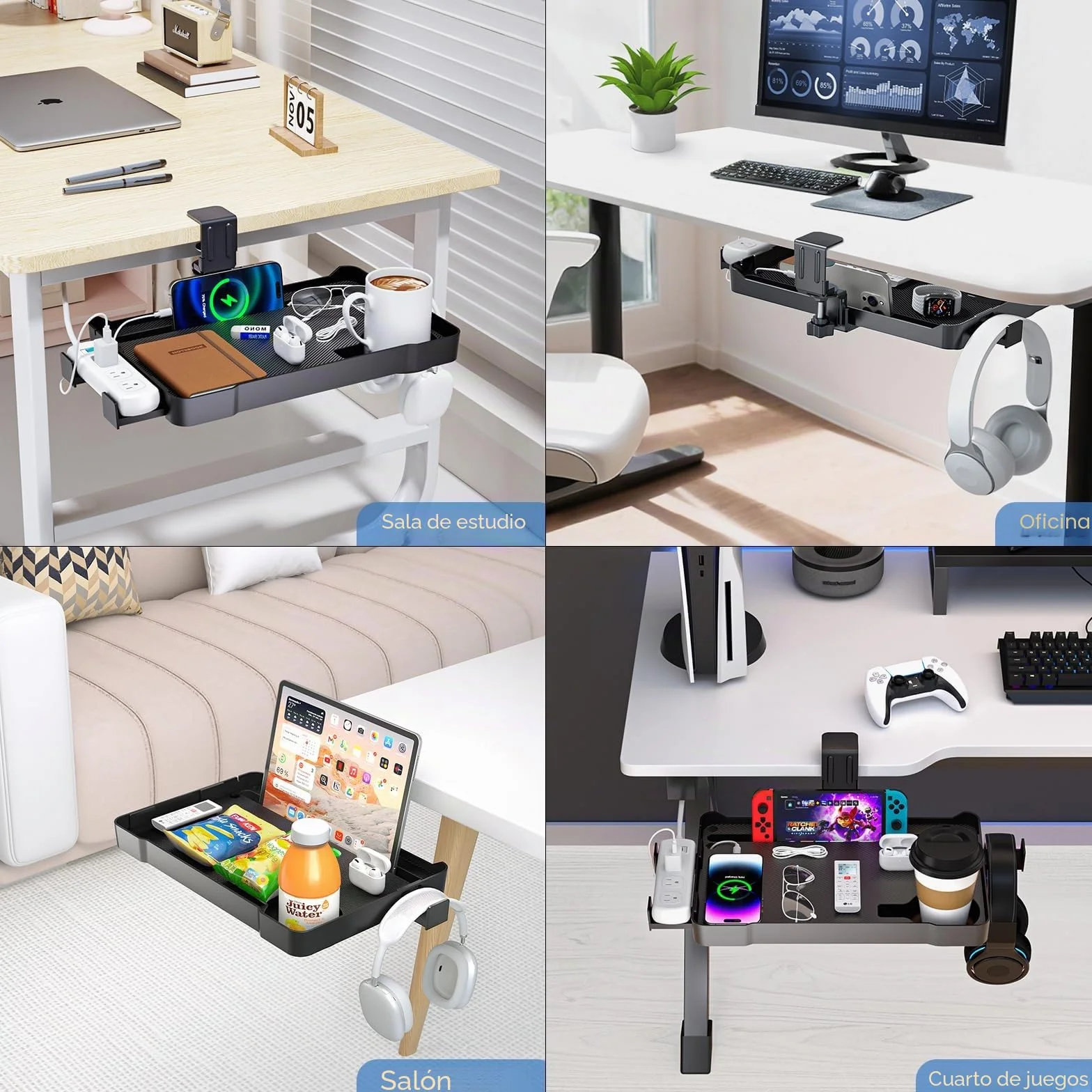 KDD Organizador Cajones Bajo Escritorio Oculto, Cajonera Giratoria 360° con Soporte Cascos Gaming y Portavasos