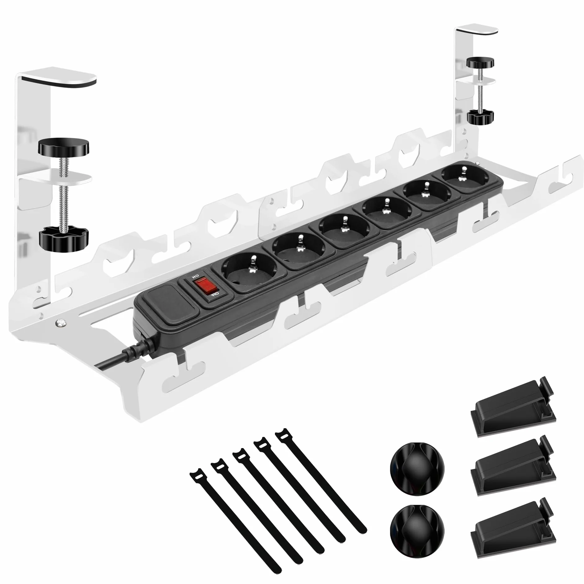 Mimoke Cesta de gestión de Cables Ajustable, sin perforación, Almacenamiento Pesado, Extensible de 40 a 74 cm, Capacidad hasta 15 kg, diseño ventilado, Adecuado para Oficina, Blanco