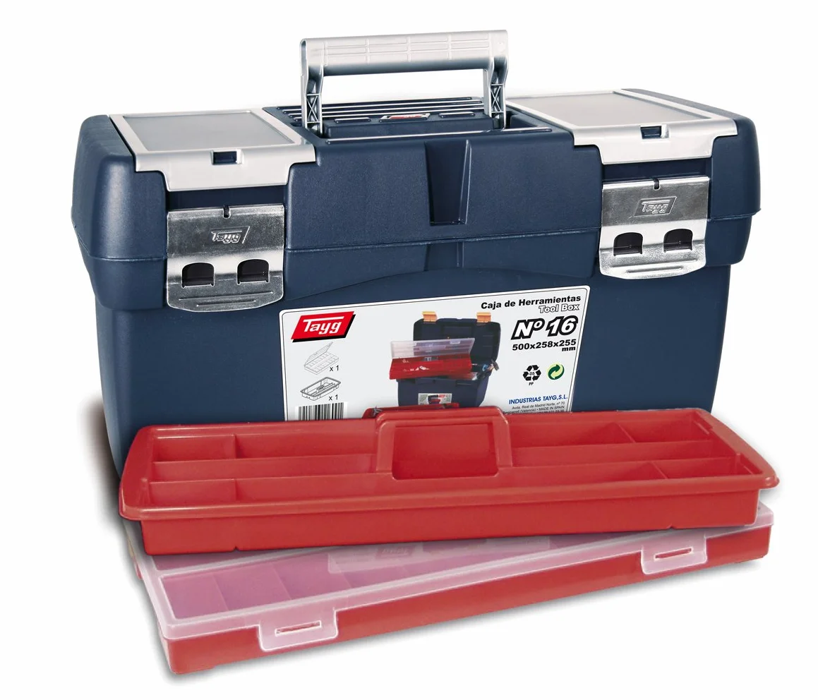 Tayg Caja Herramientas 16, Bandeja Doble Capacidad, Cierres Metálicos, Caja de Herramientas de Polipropileno, Soporta hasta 120 kg, Medidas 500 x 258 x 255 mm, Azul/Rojo