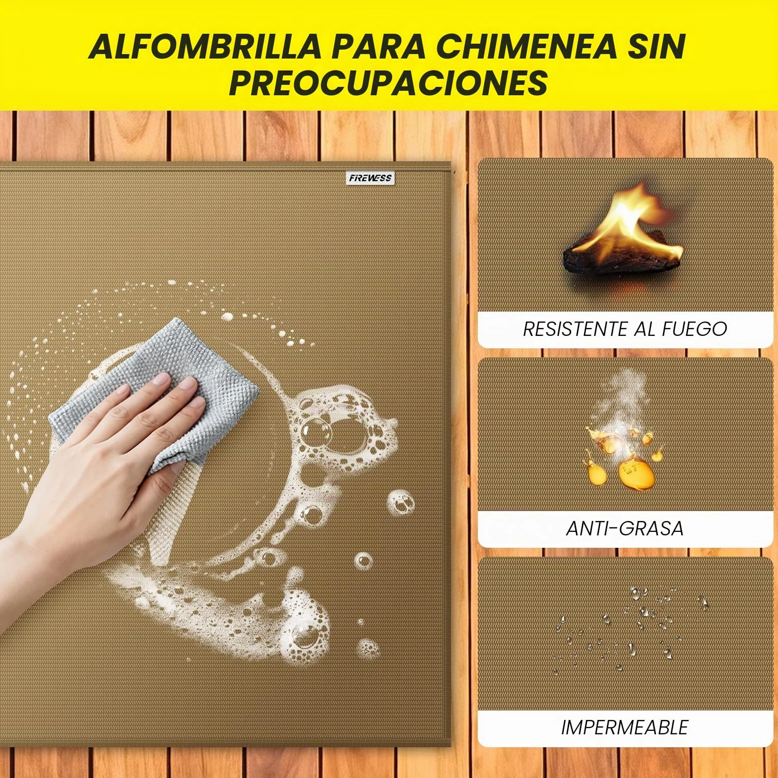 Alfombra ignífuga para chimenea 105x60 cm marrón