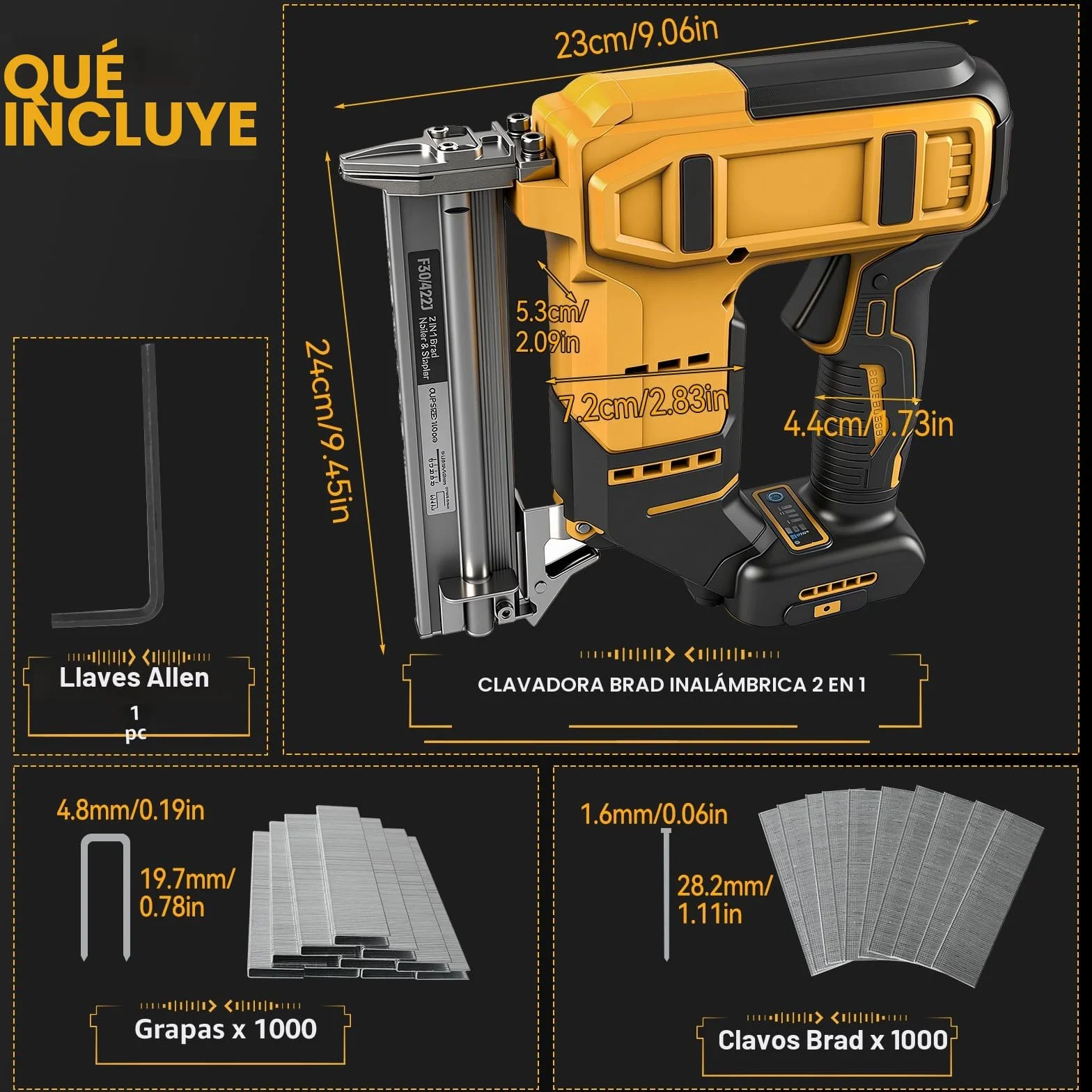 Clavadora Brad Inalámbrica para Batería Dewalt 20V Max, Pistola de Clavos Grapadora de Batería 18GA, Clavadora Grapadora Eléctrica 2 en 1 con 1000 Clavos y 1000 Grapas para Mejoras del Hogar y
