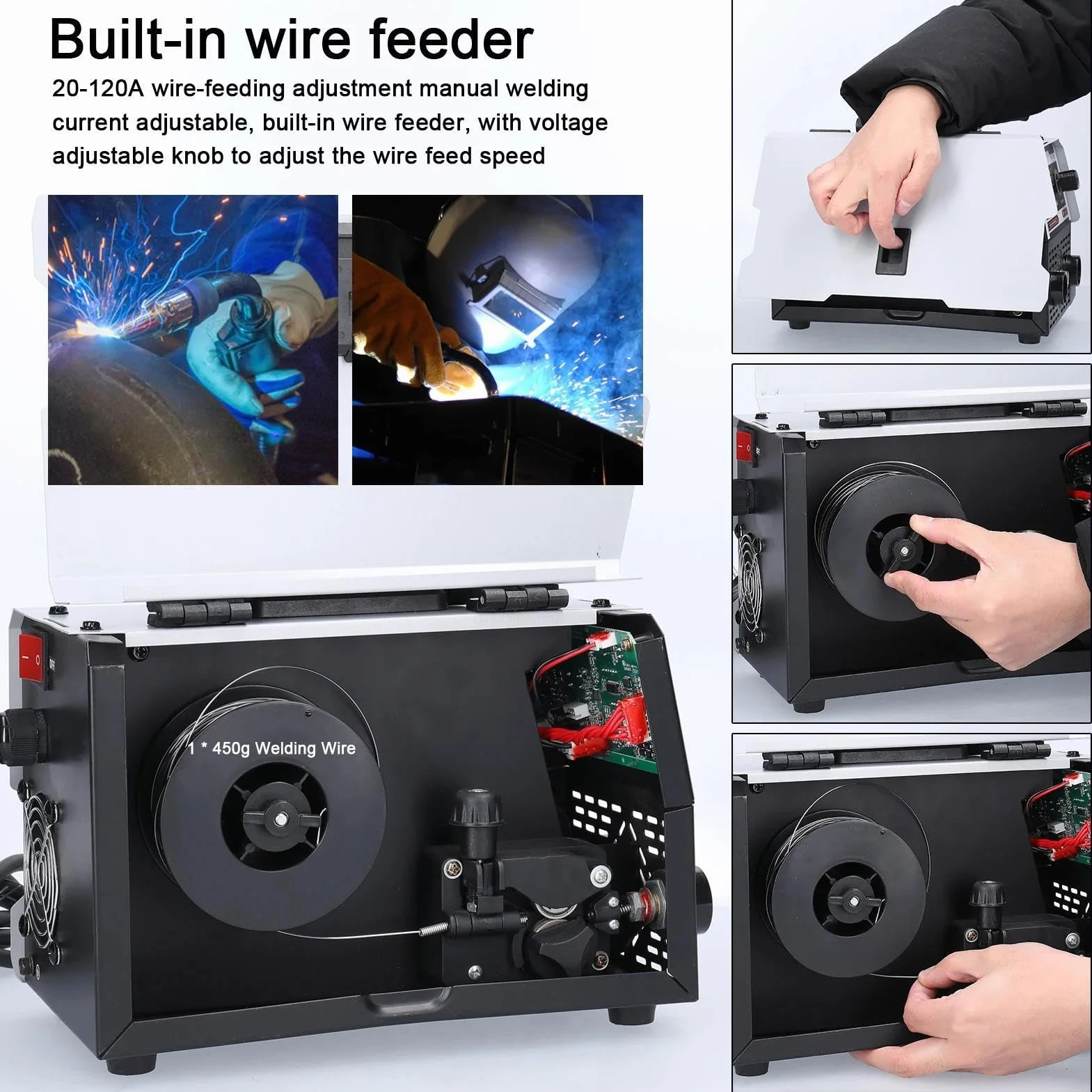 Soldadora de 160A de alambre de relleno, soldadora de electrodos 2 en 1 (MIG/MMA), soldadura de contacto con avance automático de alambre, soldadora de arco de gas, soldadora compacta de IGBT inversor