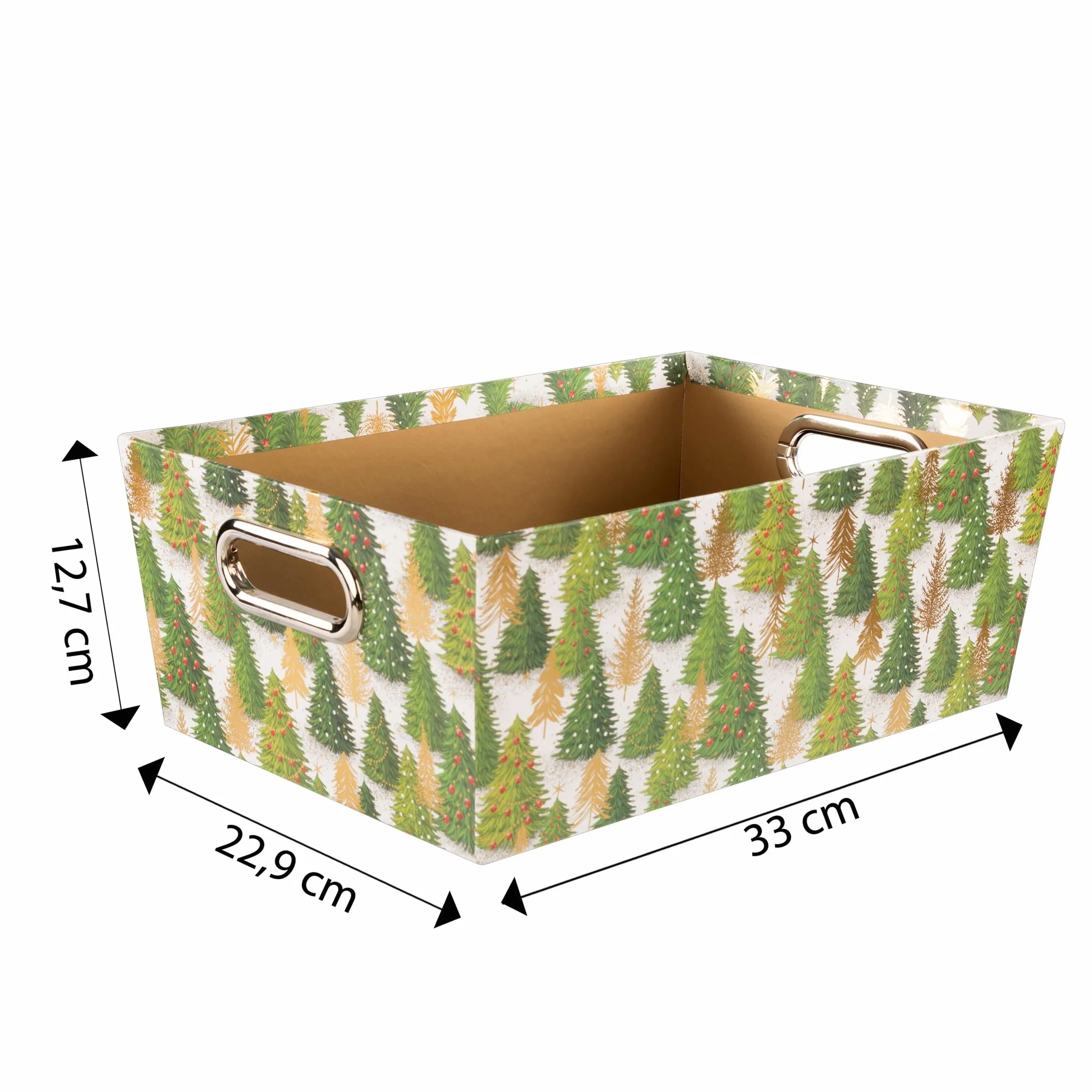 Idena Caja de almacenamiento de cartón resistente 33 x 22,9 x 12,7 cm con asas metálicas motivo árbol de Navidad
