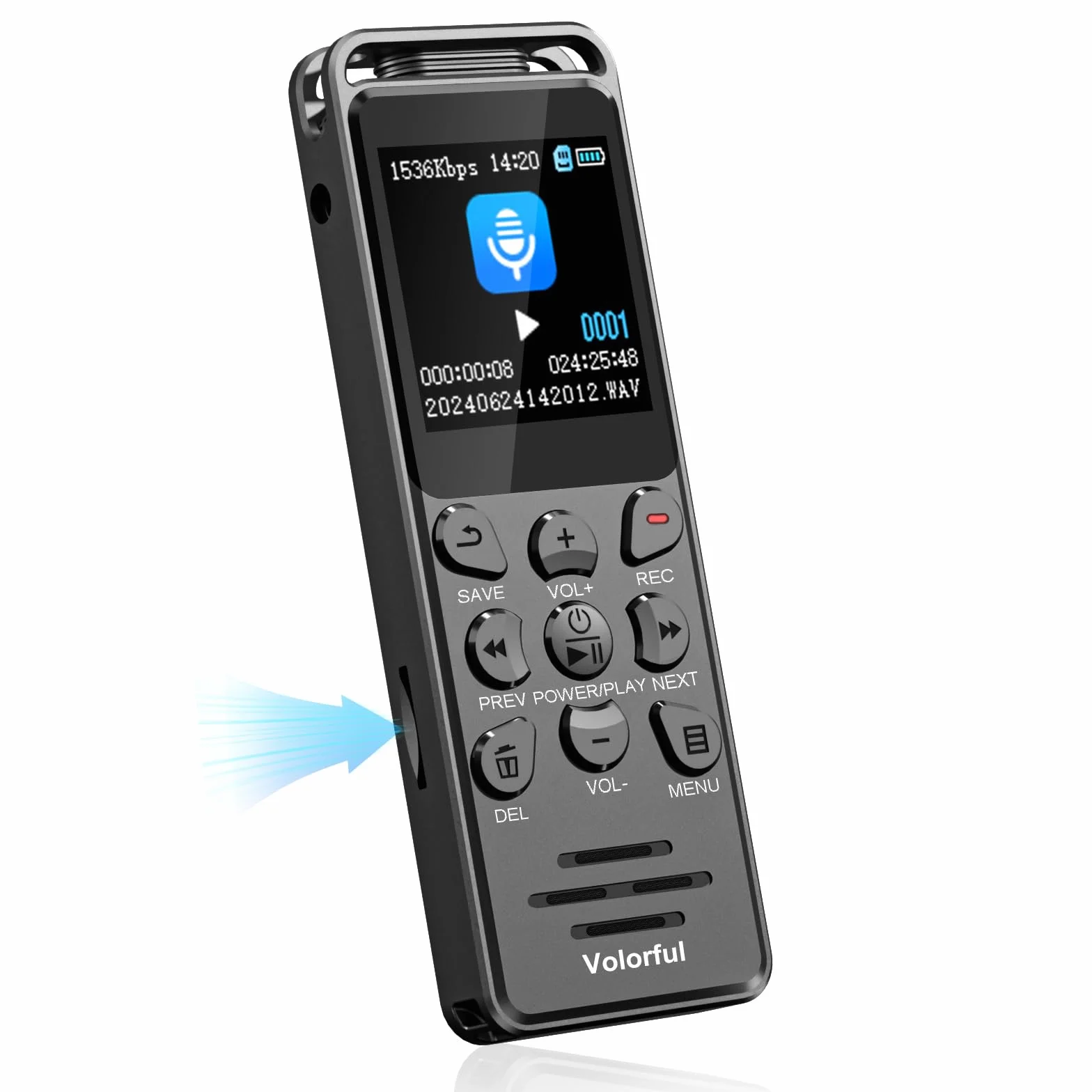 Grabadora de Voz Profesional Digital 16GB 70H, 1.44" Pantalla Color, USB C, Activación por Voz, Reproductor MP3