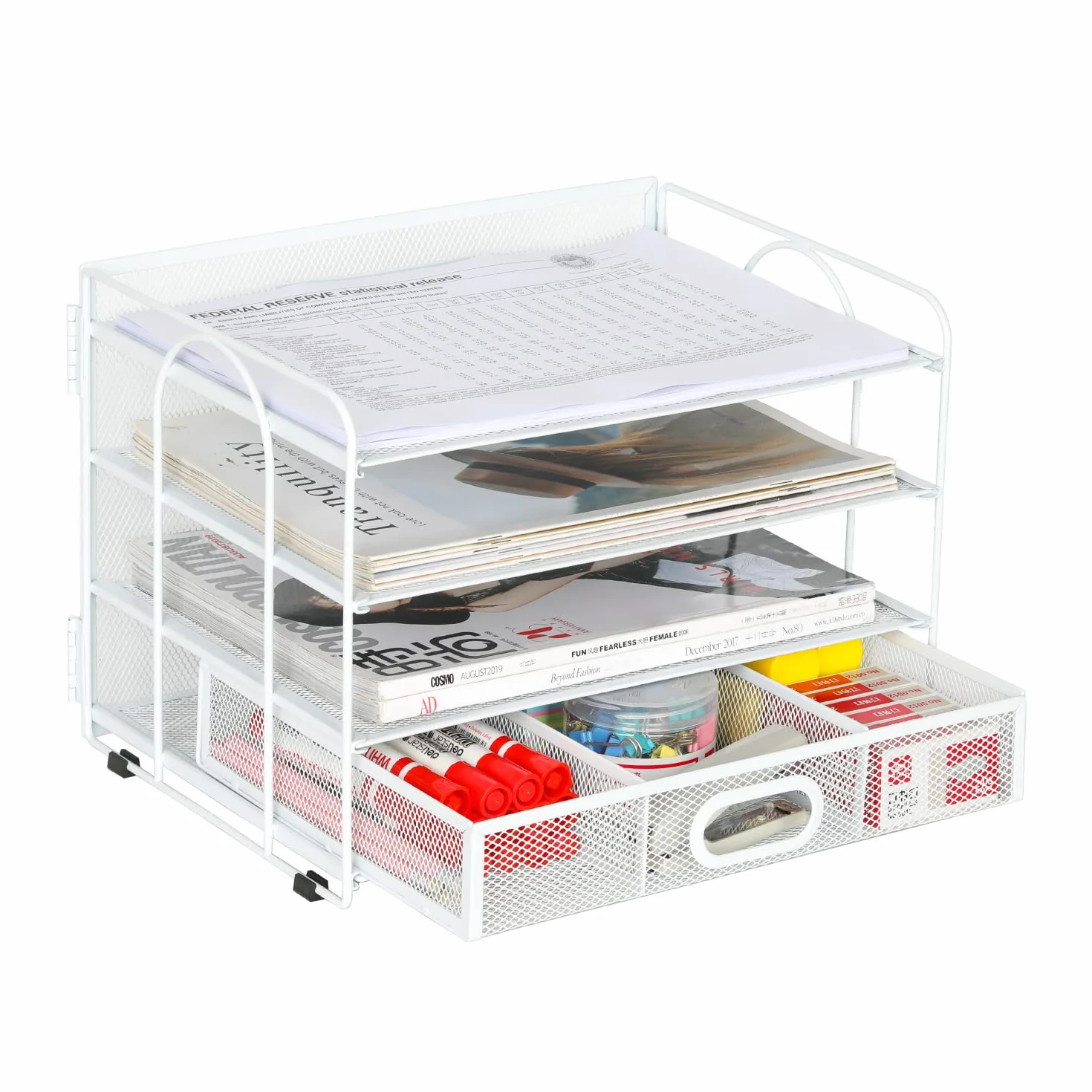 EasyPAG 4 Niveles Metal Malla A4 Bandeja Oficina Organizador Documentos Almacenamiento Papeles Soporte Archivador Clasificador Escritorio Estante Carta con Cajón, Blanco