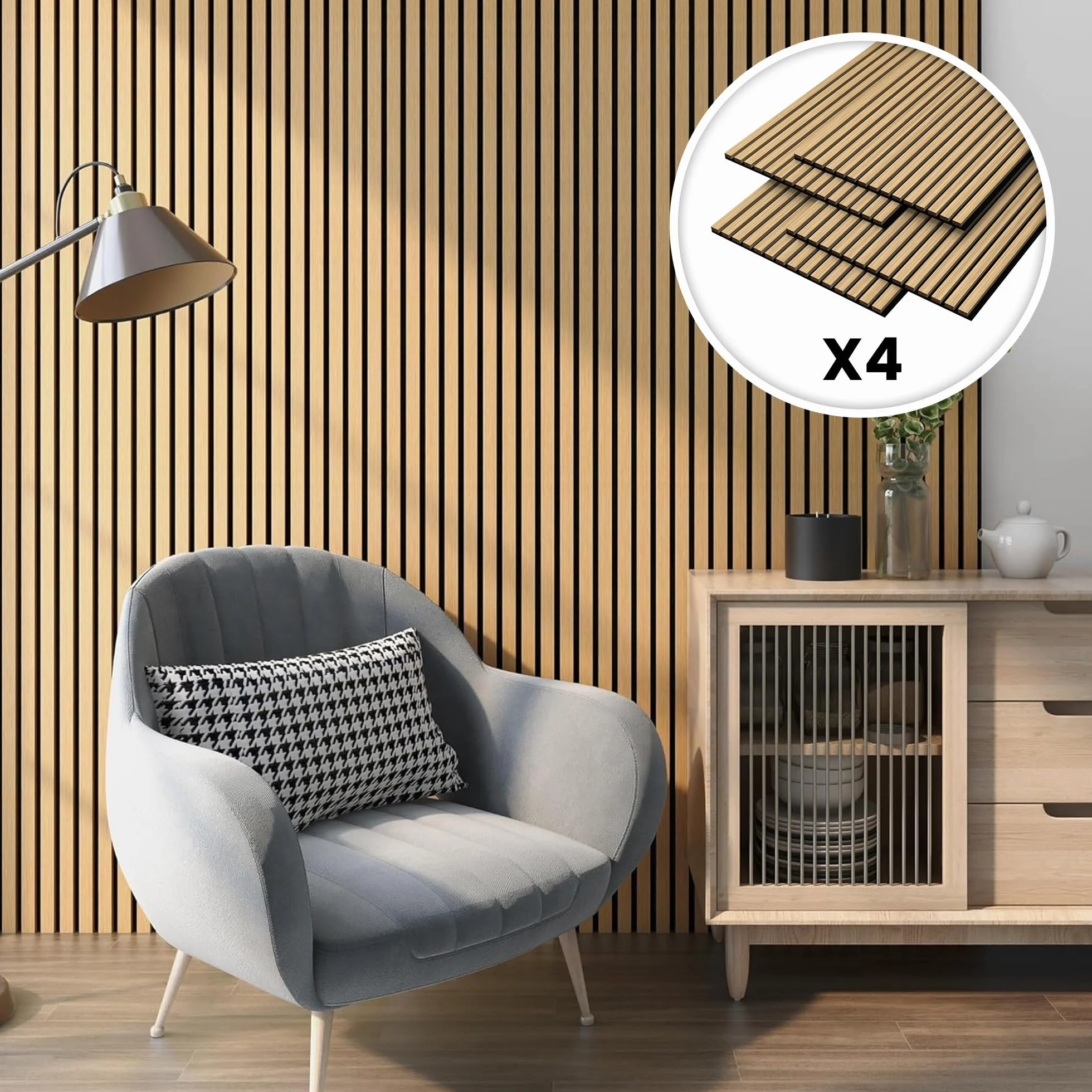 NEU.HOLZ Set de 4x Paneles de Pared 3D Vang Acústicos Revestimiento de Paredes Listones Decorativos en MDF y Fieltro 120 x 60 x 2 cm (2,88 m²) - Roble Oscuro