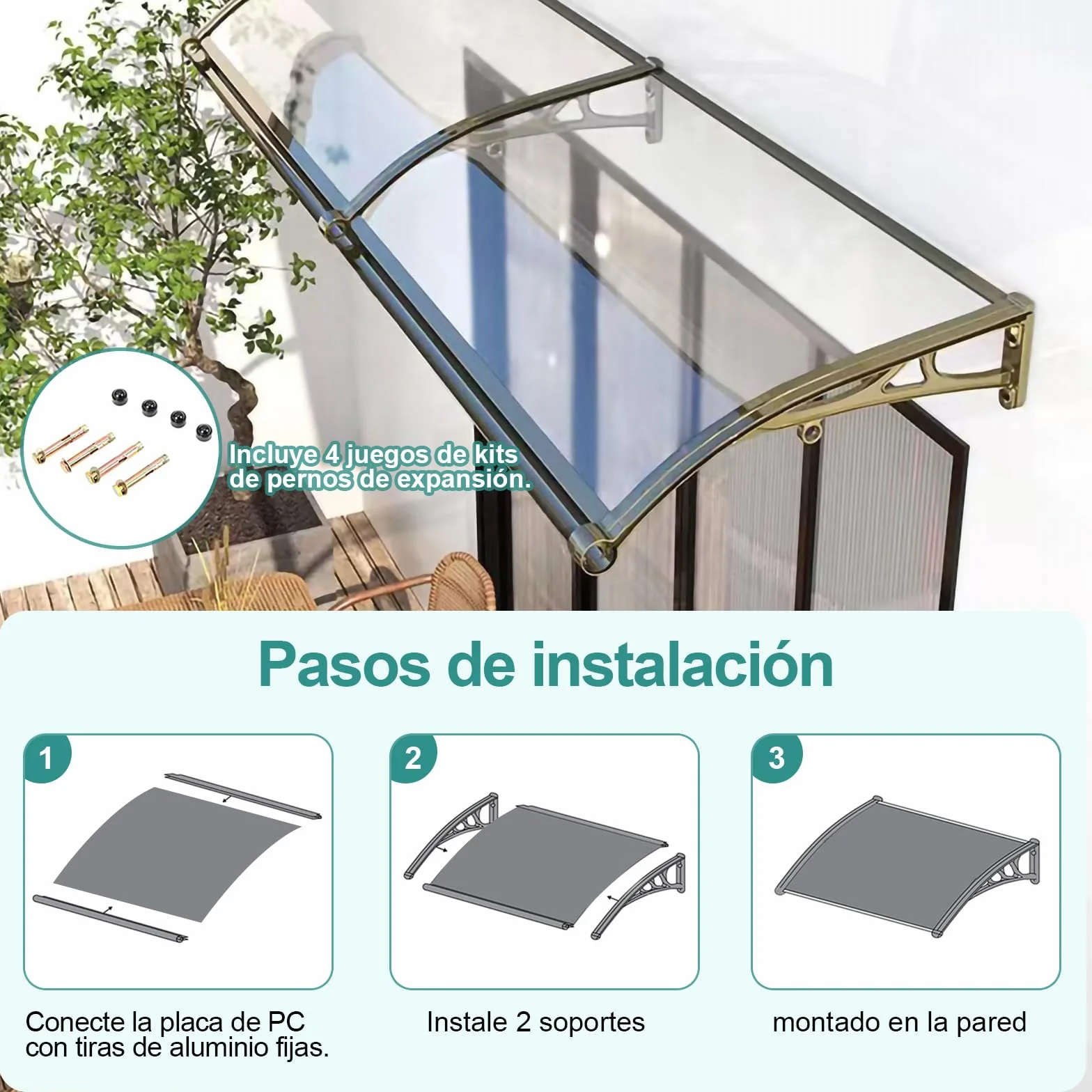 Marquesinas Exterior, Marquesina Puerta Exterior, Marquesina, Protección Solar/contra la Nieve/Lluvia, Tejadillo de Exterior para Porche/Delantero/Techo/Entrada, Instrucciones Incluidas