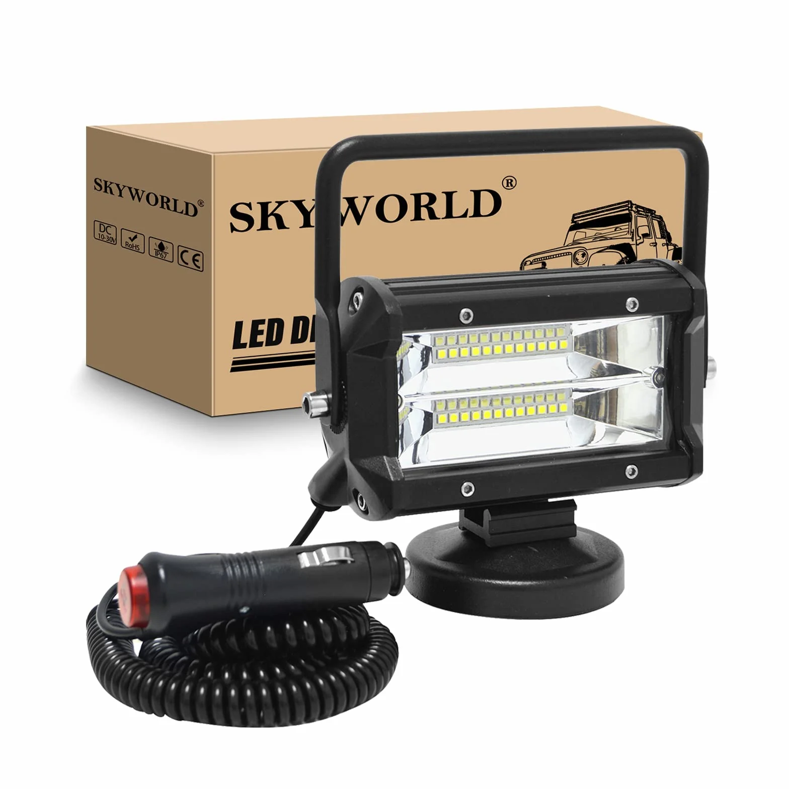 SKYWORLD Faros trabajo led con imán 15cm 72W portatil lámpara trabajo led 12V 24V inundación con soporte de base magnética para off road camión coche todoterreno suv 4x4 vehículos