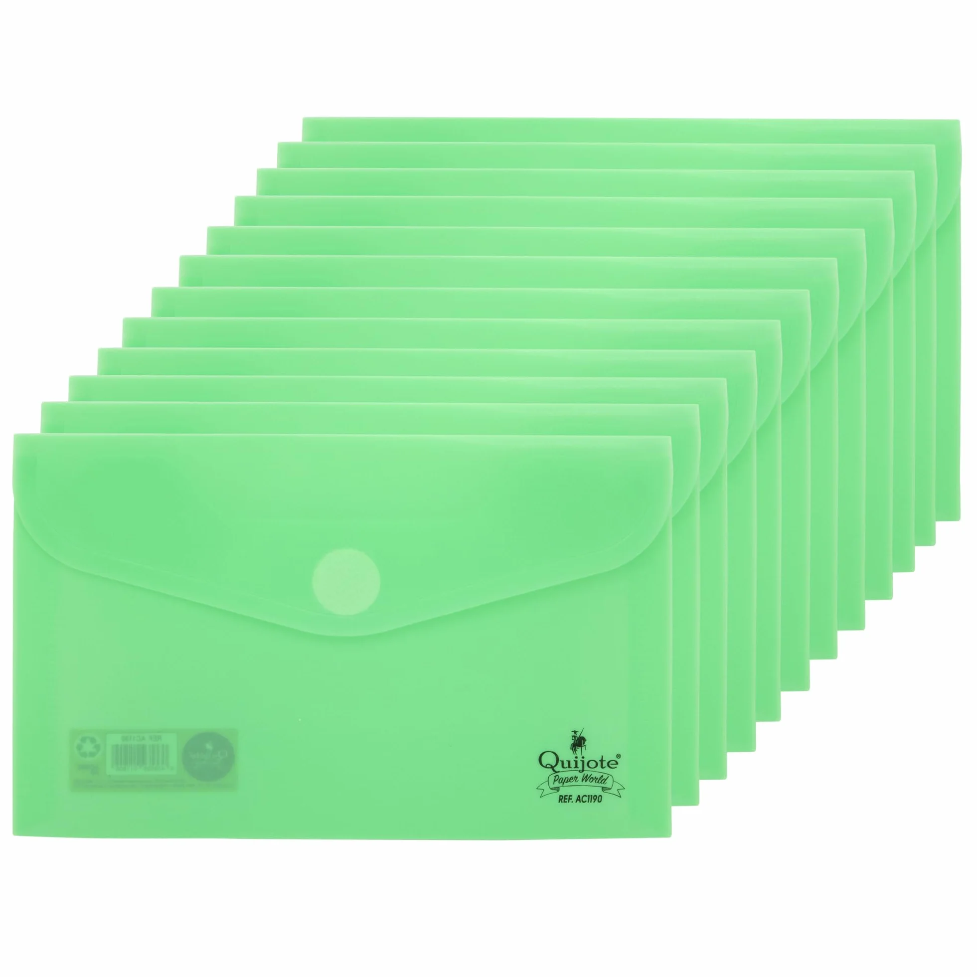 Quijote Paper World Pack 12 Sobres de Plástico Verde Pastel - Carpetas con Cierre Velcro 15x9.5cm