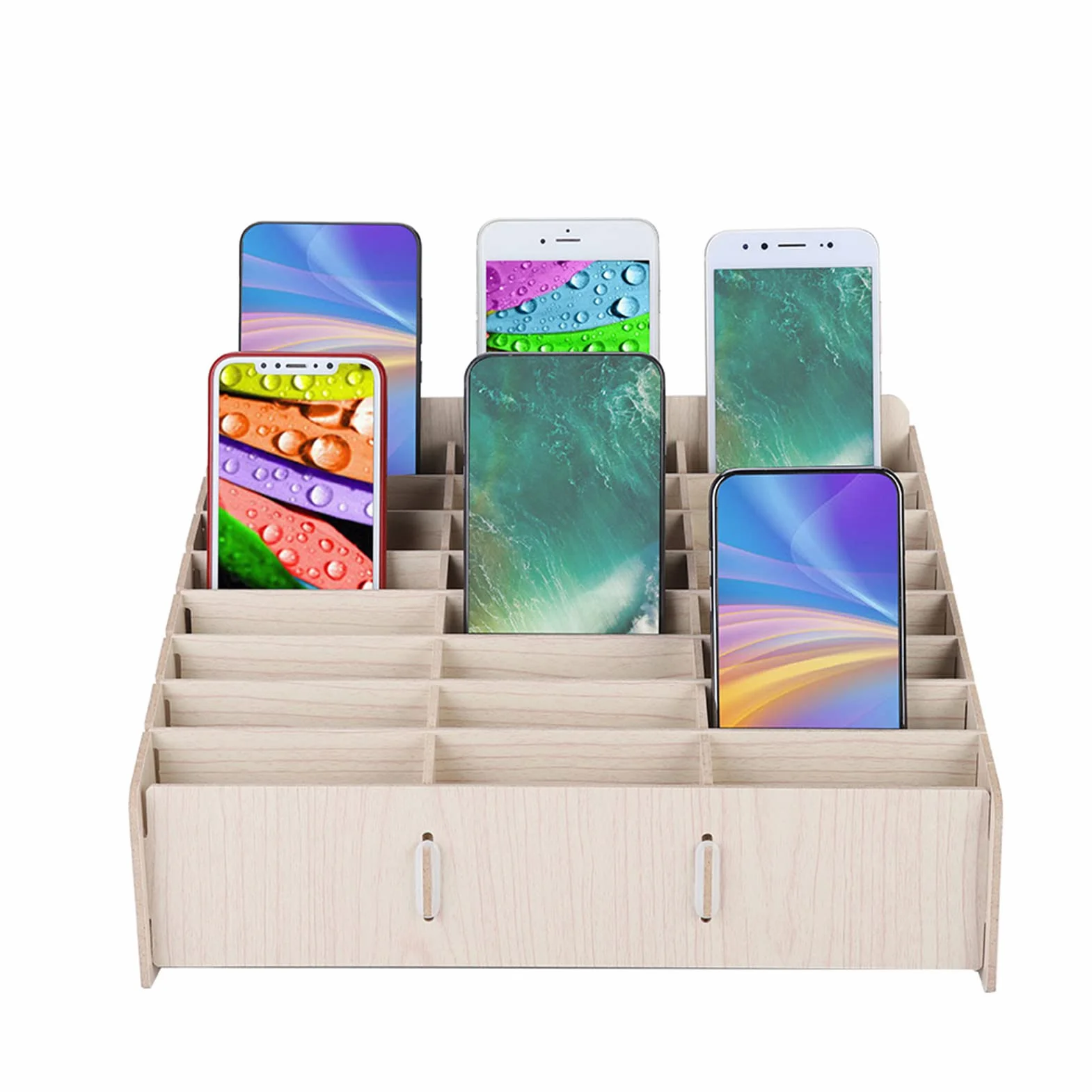 Organizador Teléfonos Móviles 24 Compartimentos Caja Almacenamiento Multifuncional Madera